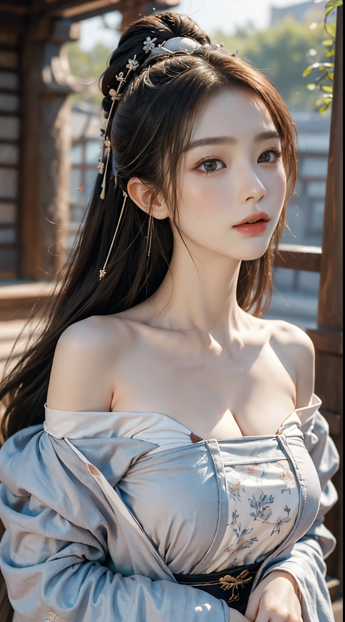 ((Best quality at best, 8K, tmasterpiece:1.3)), focal:1.2,Bust photo,Upper limb 4,ancient wind,Red off-shoulder Hanfu,Ultra-realistic skin texture,Beautiful woman with perfect figure:1.4, hip is cocked:1.2, ((Cut your hair into layers, ordinary:1.2)), , (Sateen, Temples:1.3), Highly Detailed Face and Skin Textur, 詳細な目, 二重まぶた,Whitening Skin,Long gray hair,(with a round face:1.5),soaking
