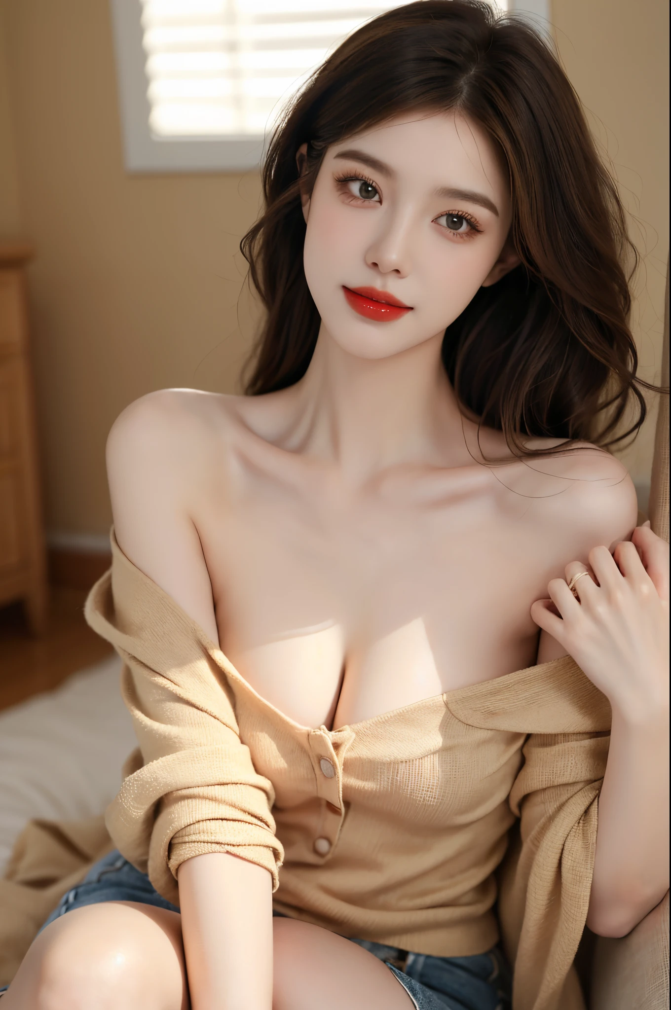 Special clothes34,bare shoulders,shirt, ((knee shot)), fashi-girl, red lips, mature female, makeup, realisticlying, A high resolution, 1girl, Alone, Just look at the audience, (详细的脸), Hefty Smile, Nice big eyes, Ultra-fine makeup, Long blonde hair, curlies, messy  hair, A plump chest, Skinny figure, Random scenes, Random shooting angle, Casual pose, posing elegantly, Lazy expression