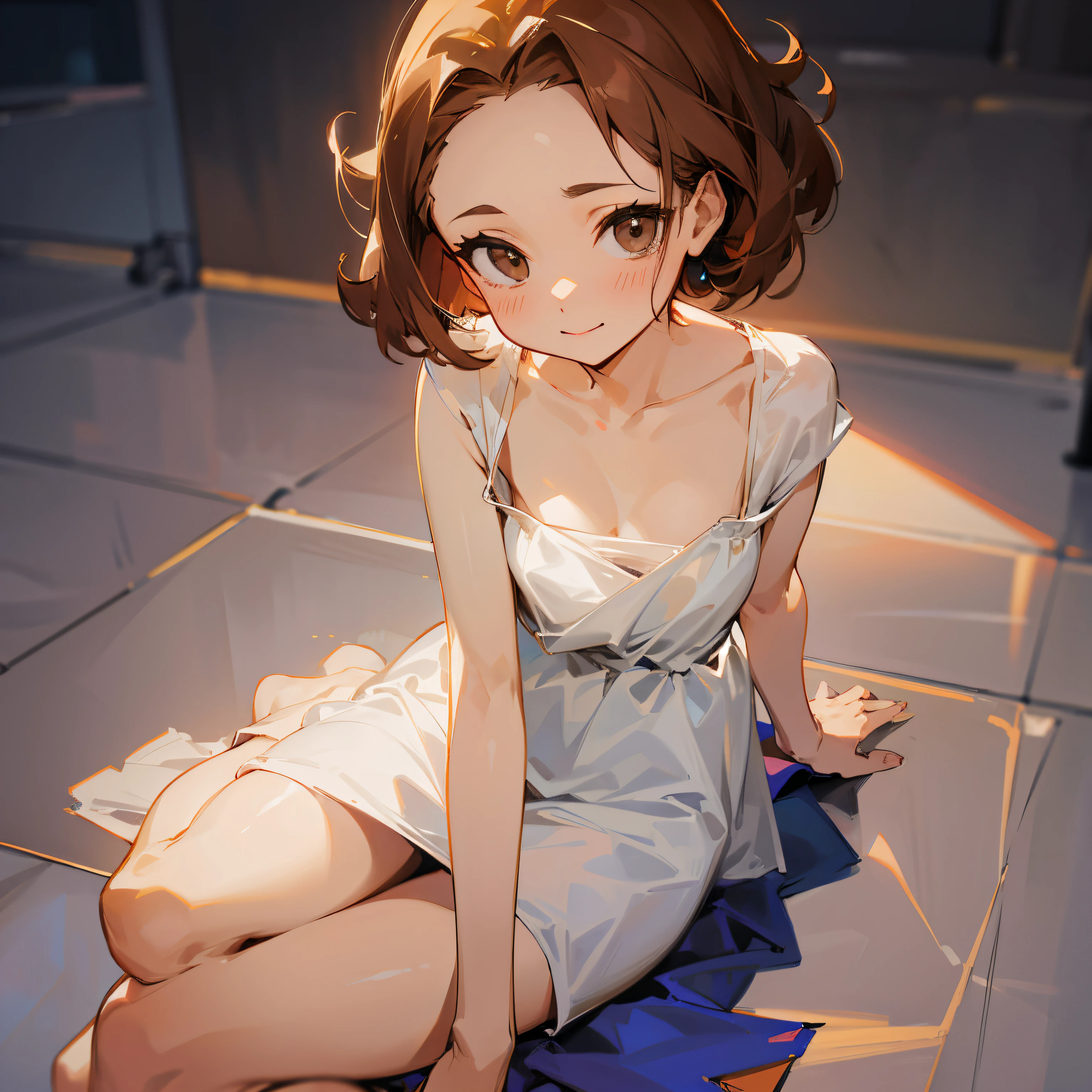 Forehead、bobhair、brown haired、Brown eyes、sitting on、White camisole dress、A slight smil