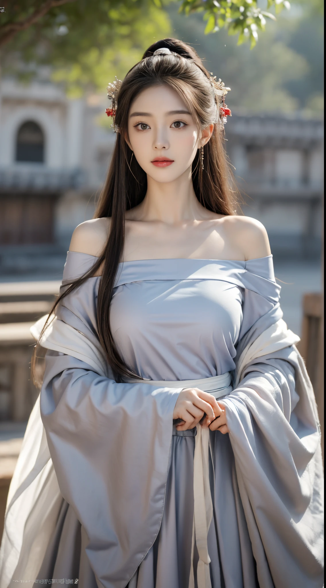 ((Best quality at best, 8K, tmasterpiece:1.3)), focal:1.2,Bust photo，Upper limb 4，ancient wind，Red off-shoulder Hanfu，Ultra-realistic skin texture，Beautiful woman with perfect figure:1.4, hip is cocked:1.2, ((Cut your hair into layers, ordinary:1.2)), , (Sateen, Temples:1.3), Highly Detailed Face and Skin Textur, A detailed eye, 二重まぶた，Whitening Skin，Long gray hair,(with a round face:1.5)，soaking