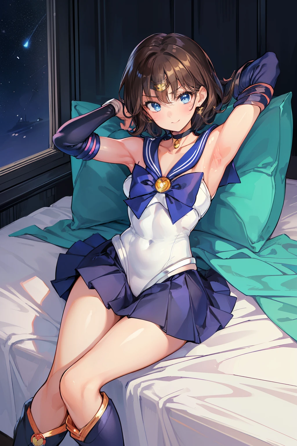 masterpiece, top-quality, hight resolution, 8K, Hi-Res, ultra-detailliert, 1girl in, (Anatomically correct), Full limbs, complete fingers, Slender 18 year old beautiful active girl, Brown-eyed, Slender eyes, A dark-haired, extra very short hair, (Black skin:1.2), (Sailor Moon: 1.3), (white leotard), (Blue sailor color), the bow, (Over-the-knee boots:1.1), a choker, (white glove), Blue choker, (elbowgloves), (a blue skirt), sole, (Lying in bed), A smile, High school students, Full body like, Bust 86, Waist 58, Hip 88, (full of sweat), (Put your hands behind your head, Show the armpits:1.28), (Tempered body, Toned body, Split abs:1.1), (Sexy Posing)