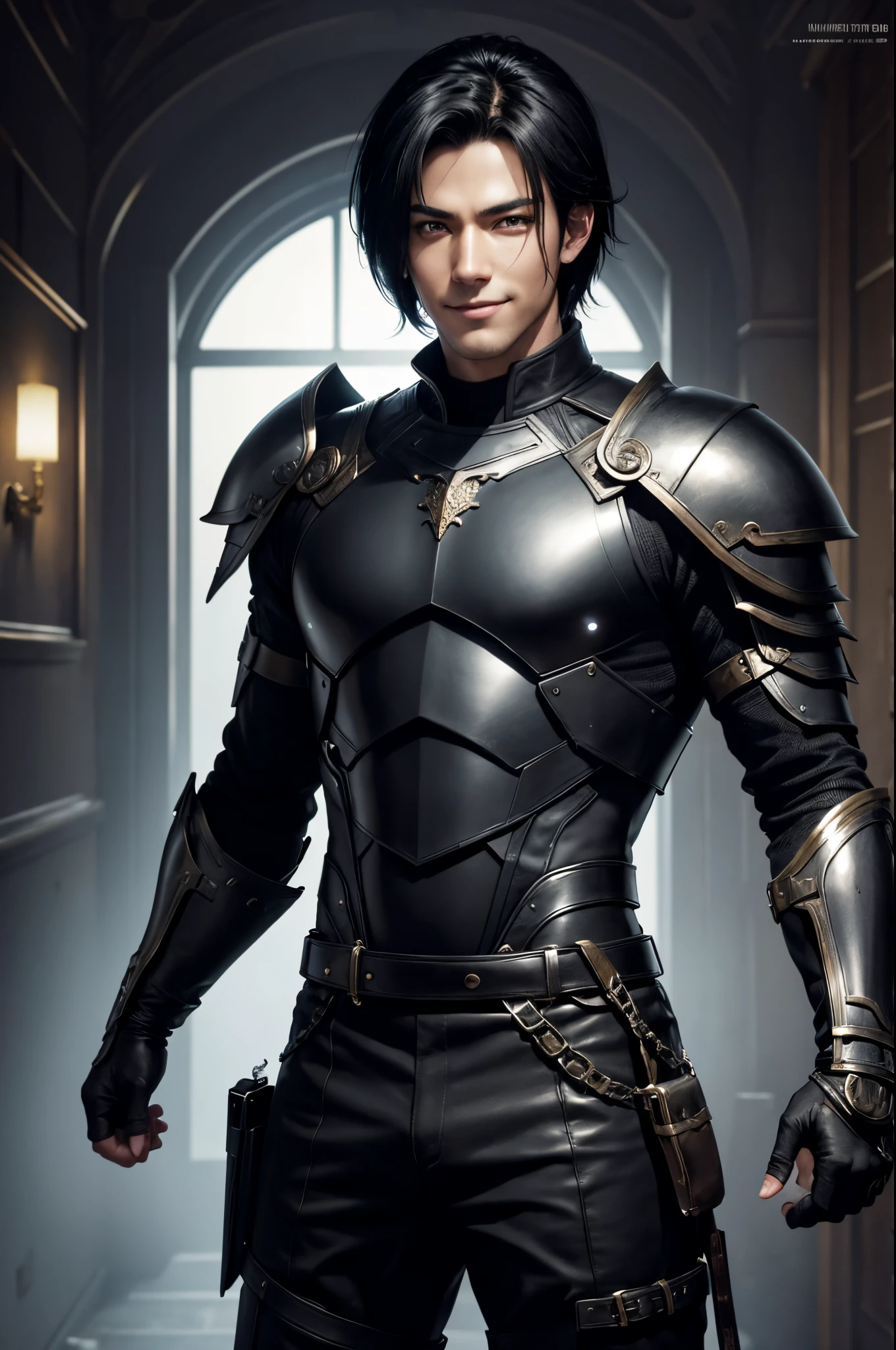 8K,boy in leather clothes, young man boy,Black combat uniform,black combat pants,Black eyes,Black Hair Bob Hair,Black Gauntlet,Black shoulder armor,by Yang J, range murata and artgerm, Handsome Boy in Demon Slayer Art, Stunning character art,  ArtgermとCraig Mullins,超A high resolution,super realistic skin,cool smile,Fantasyart,Super handsome,kindly smile,inside a big mansion,
