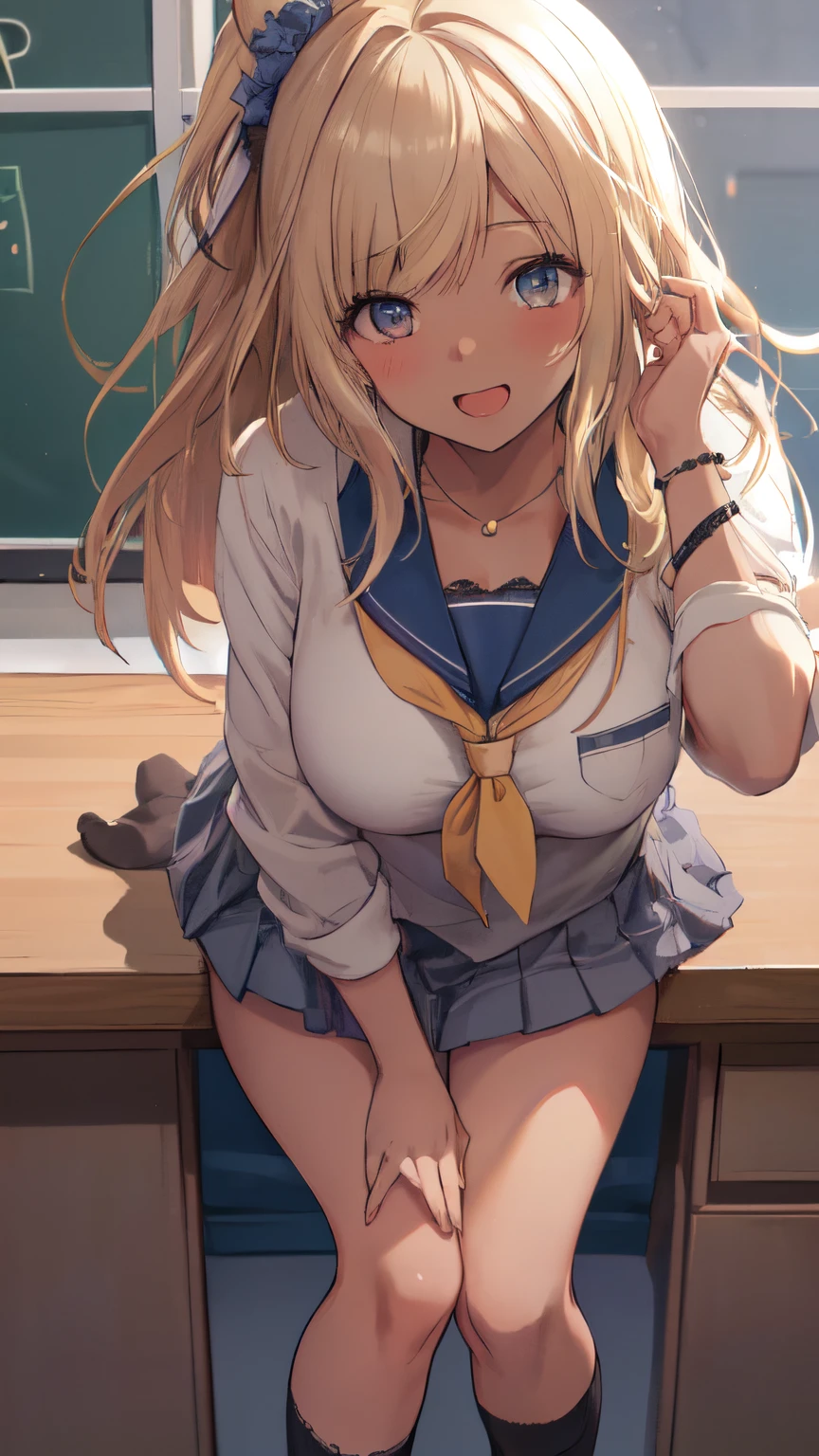 (NSFW:1.2), No modification, table top, (absurd:1.1), very detailed and beautiful, anime style, 1 girl, blue eyes, blonde, Sheer blouse, Unbuttoned blouse, open shirt, pleated skirt, hair clip, small breasts, classroom, Peace sign by hand, lying on the desk with legs apart, Bend your knees and open legs, wet naughty underwear, white panties, show panties, twin tail hair, sweating, chest comes out, 1 boy, (sex:1.3)