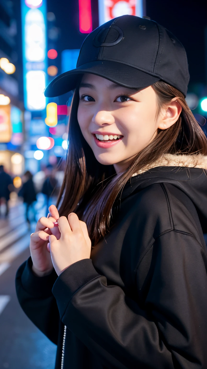 Best-quality, Masterpiece, Ultra-High-Resolution, (Photorealistic:1.4), Raw-Photo, Extremely-Details, Perfect-Anatomy, Ultra-Detailed,
1girl, 16-years-old, the most famous Japanese idol, laughing out loud, in Tokyo's main street at midnight, high on cocaine,
wearing luxurious hoodie with cool design,
extremely cute laughing face llike a most popular Japanese actress, extremely beautiful big black solid circle eyes, extremely beautiful lips, extremely beautiful realistic skins, extremely beautiful body, perfect proportion,
detailed black baseball cap with cool design, detailed black luxurious fur coat, detailed Tokyo's main street at midnight