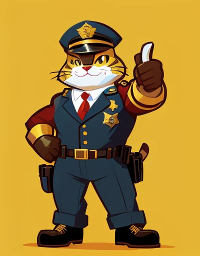 Cat wearing police uniform and police hat giving thumbs up, Mascot illustration,anthropomorphic cat, macho pose, com mascot,, full body mascot,comic character design, high quality character design, inspired by Tom Whalen, merged character, Wearing golden cat armor