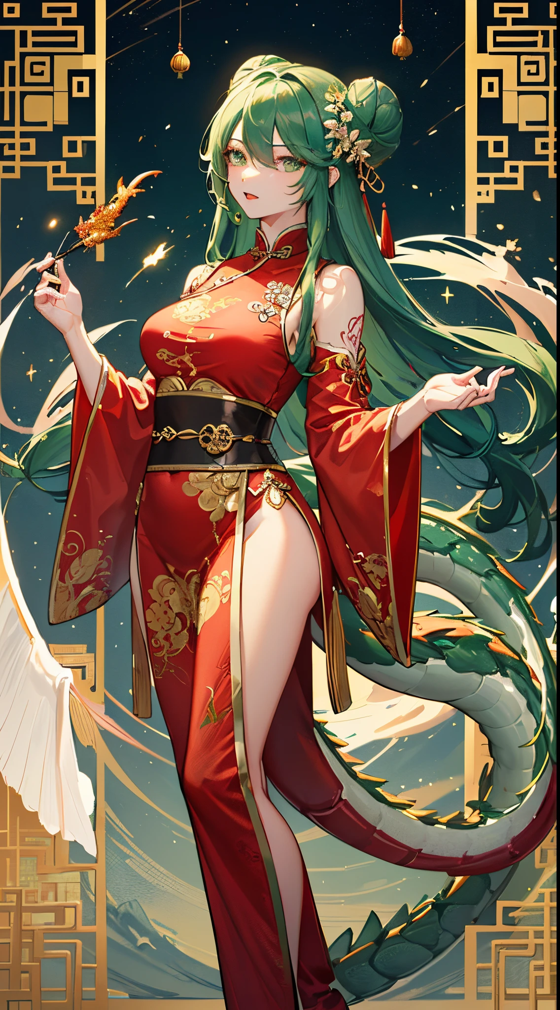 masterpiece, high res, ultra detailed, (ultra-detailed background, detailed background), green dragon girl, 1girl, monstergirl, dragon like girl with dragon tail, perfect face, long black hair, chinese haircut, hair bun hairstyle, ((red and golden color of dress)), (((detailed face, detailed hands, detailed body, detailed eyes))), symbol of the year, Chinese lunar calendar, (Green wooden dragon:1.2), (geometric:1.2), colorful, full body, holding smoking tube, ((sexy idle standing pose, looking to the viewer)), ((traditional Chinese clothes)), ((dragon scales at body skin:1.5)), fireworks on background, muscular body, perfect athletic fit body, Chinese red ornaments tattoos, ((dragon-girl of Chinese culture))
