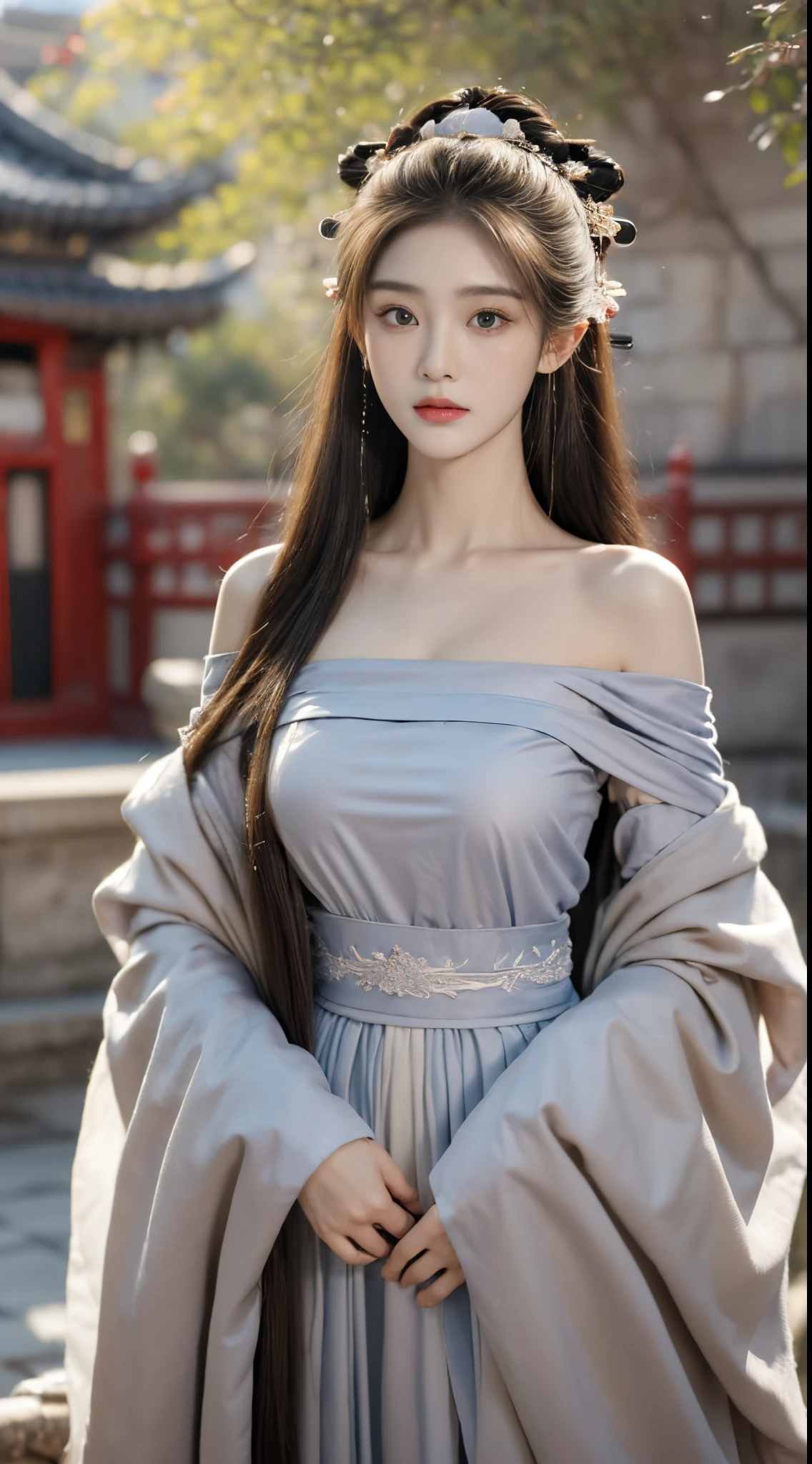 ((Best quality at best, 8K, tmasterpiece:1.3)), focal:1.2,Bust photo，Upper limb 4，ancient wind，Red off-shoulder Hanfu，Ultra-realistic skin texture，Beautiful woman with perfect figure:1.4, hip is cocked:1.2, ((Cut your hair into layers, ordinary:1.2)), , (Sateen, Temples:1.3), Highly Detailed Face and Skin Textur, A detailed eye, 二重まぶた，Whitening Skin，Long gray hair,(with a round face:1.5)，soaking