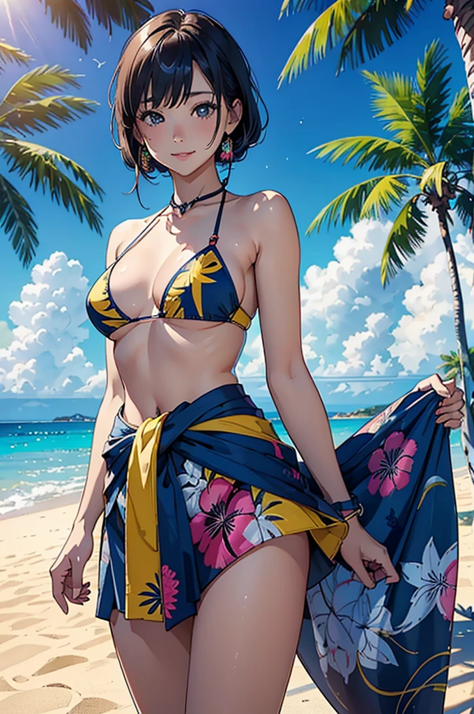 ​masterpiece、top-quality、超A high resolution、 [ 4 k digital art ]!!、 8k high quality detailed art、Wallpaper、 Detailed Digital Anime Art、Realisticity、Cinema Angle、hposing Gravure Idol、(((Three Beautiful Girls)))、cute  face、 (((Detailed depiction of a beautiful face)))、kindly smile、年轻、Bikini swimwear、Photorealistic perfect body、(Bold ethnic patterns wrapped around the waist and skirt and plenty of primary colors)、light Particle、llight rays、Tropical、Against the background of palm trees on both sides、on a sunny beach、Against the background of the sea、blur backgroun、
