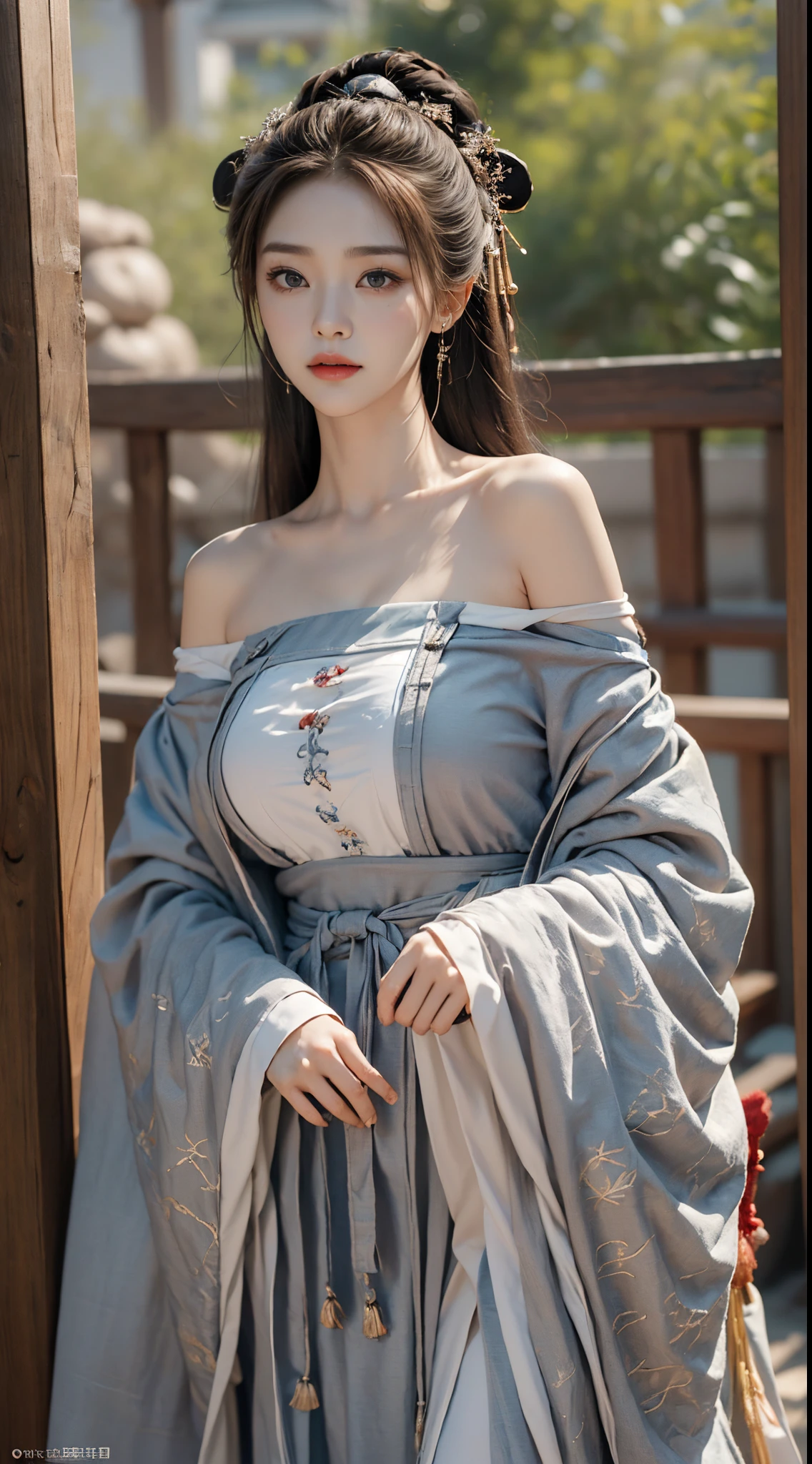 ((Best quality at best, 8K, tmasterpiece:1.3)), focal:1.2,Bust photo，Upper limb 4，ancient wind，Red off-shoulder Hanfu，Ultra-realistic skin texture，Beautiful woman with perfect figure:1.4, hip is cocked:1.2, ((Cut your hair into layers, ordinary:1.2)), , (Sateen, Temples:1.3), Highly Detailed Face and Skin Textur, A detailed eye, 二重まぶた，Whitening Skin，Long gray hair,(with a round face:1.5)，soaking