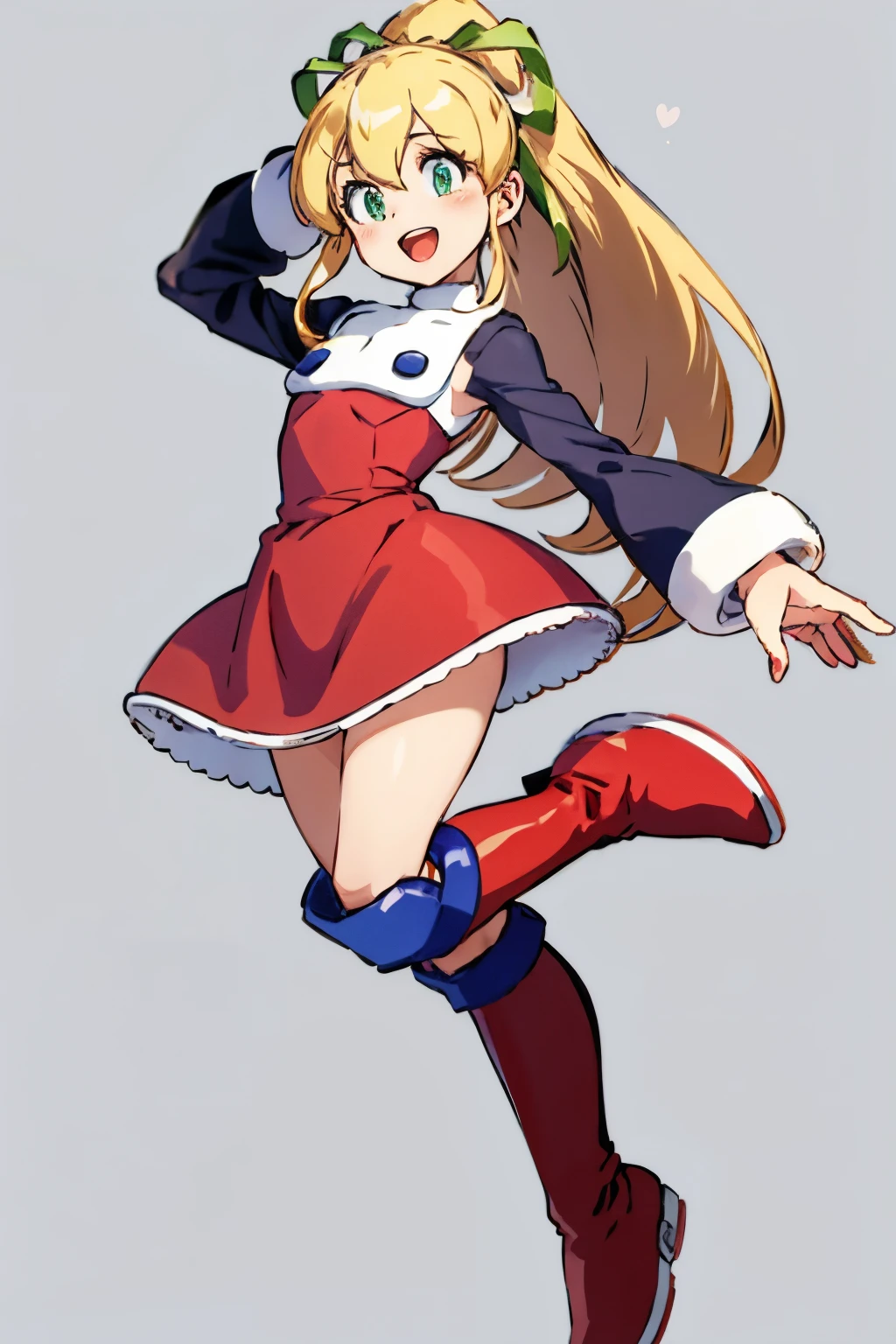 masterpiece, high quality, megamanroll, 1girl, solo, green eyes, blonde hair, ponytail, ribbon, open mouth, boots, dress, smile, long hair, knee boots, full body, white background, red dress, hair ribbon, arm up, red footwear, long sleeves, red skirt, :d, green ribbon, looking at viewer, sidelocks, skirt