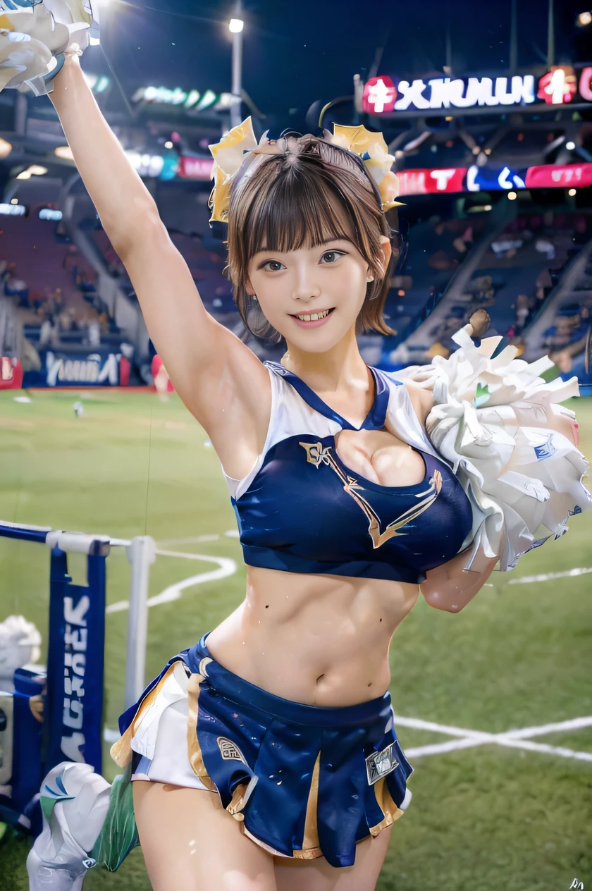 (a japanese girl:1.3), short-hair, Amazing face and eyes, Looking at the camera, Smile full of joy、show teeth、Raise your hands high、Show the armpits、(Bull Cheerleader:1.2)、Wear sneakers、Best Quality:1.4, extremely detailed CG unified 8k wallpaper, Highly detailed, High-definition raw color photos, professional photograpy, Photographed at the stadium at night、Realistic full-body shots, sexy portrait of girl