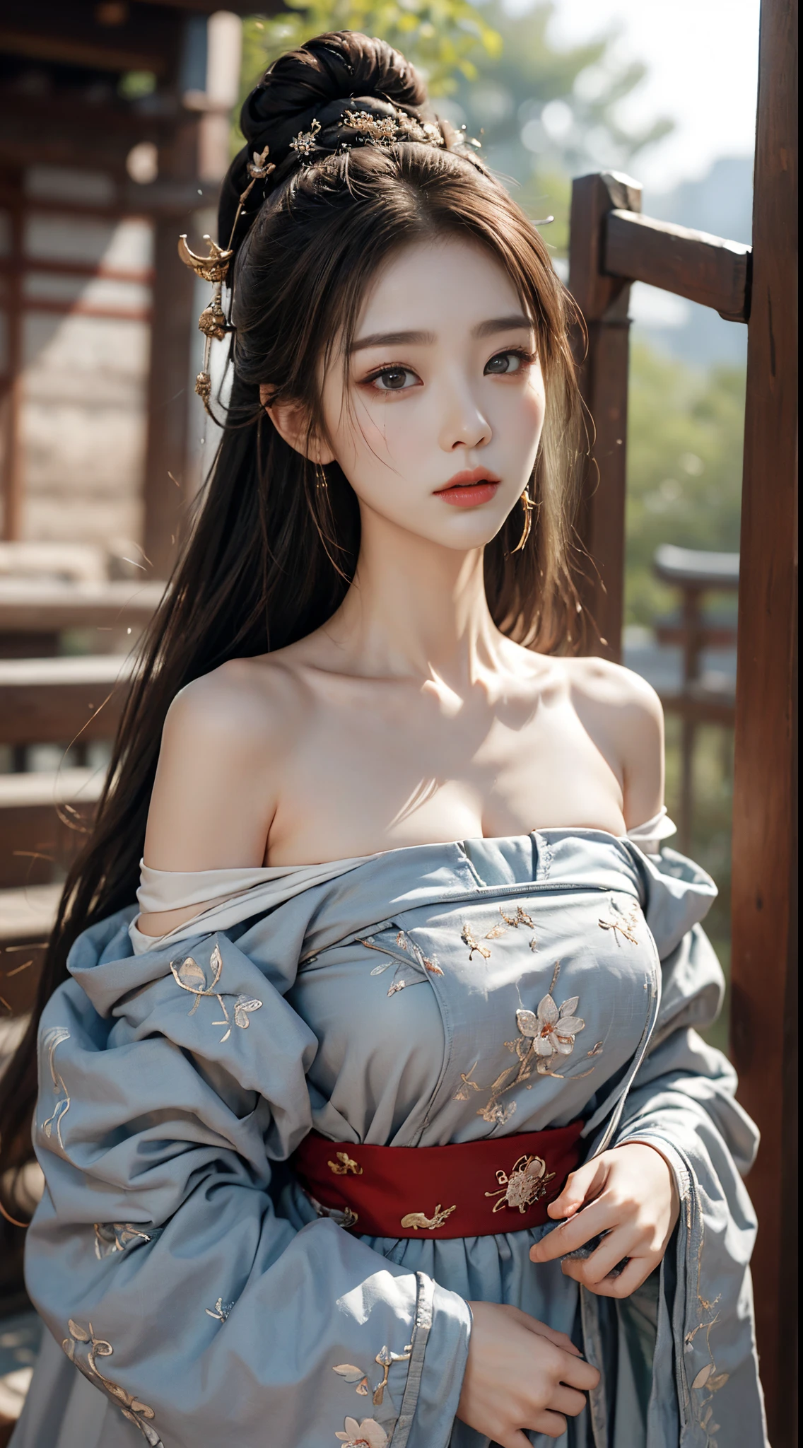 ((Best quality at best, 8K, tmasterpiece:1.3)), focal:1.2,Bust photo，Upper limb 4，ancient wind，Red off-shoulder Hanfu，Ultra-realistic skin texture，Beautiful woman with perfect figure:1.4, hip is cocked:1.2, ((Cut your hair into layers, ordinary:1.2)), , (Sateen, Temples:1.3), Highly Detailed Face and Skin Textur, A detailed eye, 二重まぶた，Whitening Skin，Long gray hair,(with a round face:1.5)，soaking