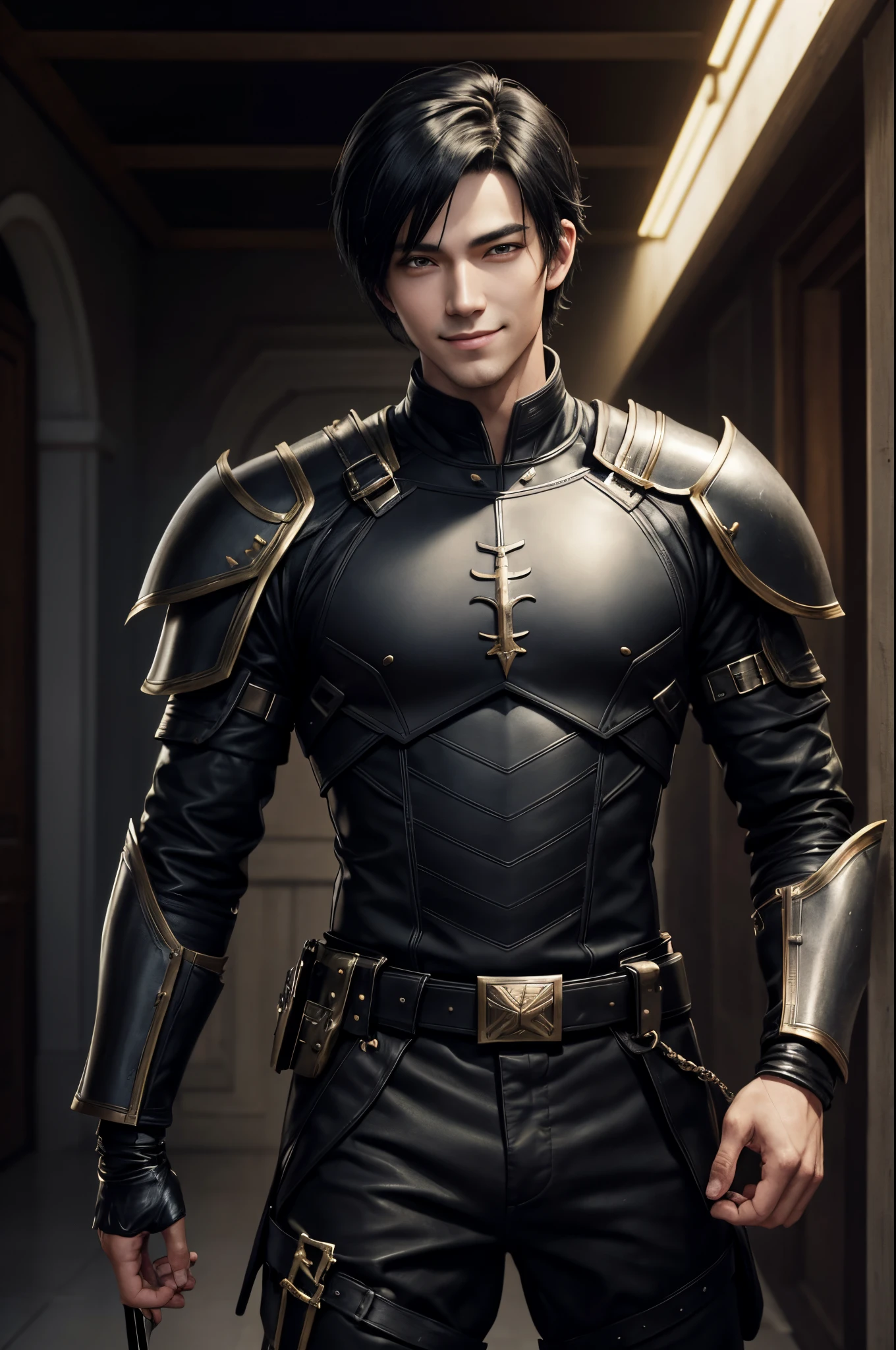 8K,boy in leather clothes, young man boy,Black combat uniform,black combat pants,Black eyes,Black Hair Bob Hair,Black Gauntlet,Black shoulder armor,by Yang J, range murata and artgerm, Handsome Boy in Demon Slayer Art, Stunning character art, ArtgermとCraig Mullins,超A high resolution,super realistic skin,cool smile,Fantasyart,Super handsome boy,kindly smile,inside a big mansion,