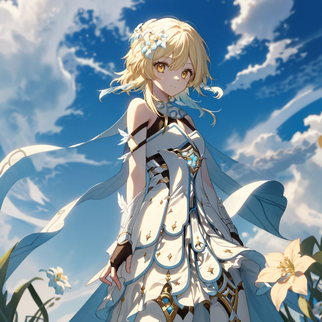 luminedef, The upper part of the body, ssmile, Be red in the face, exteriors, daysieackgound, blue-sky, long whitr hair, Skysky, chies, looking at viewert, stairwayont, moody light,Genre painting