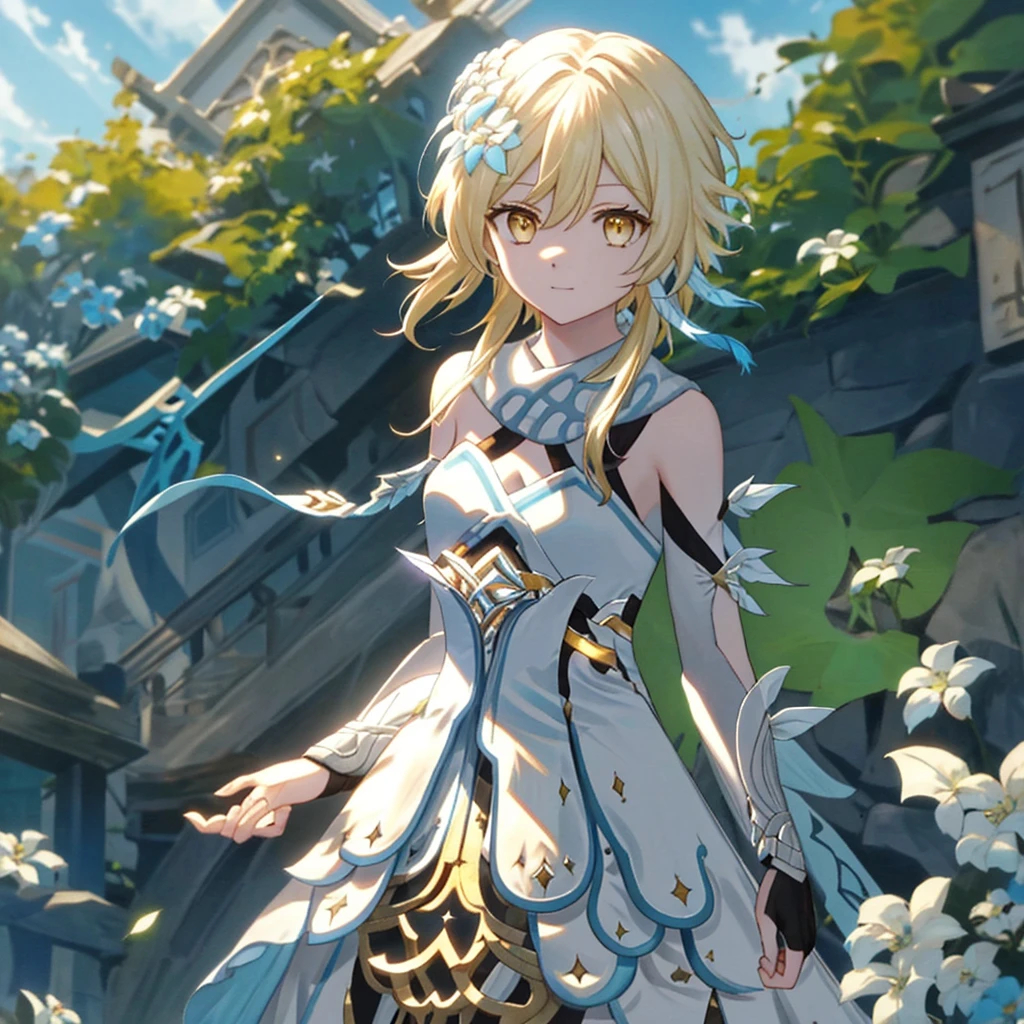 luminedef， The upper part of the body， ssmile， Be red in the face， exteriors， daysieackgound， blue-sky， long whitr hair， Skysky， chies， looking at viewert， stairwayont， moody light，Genre painting