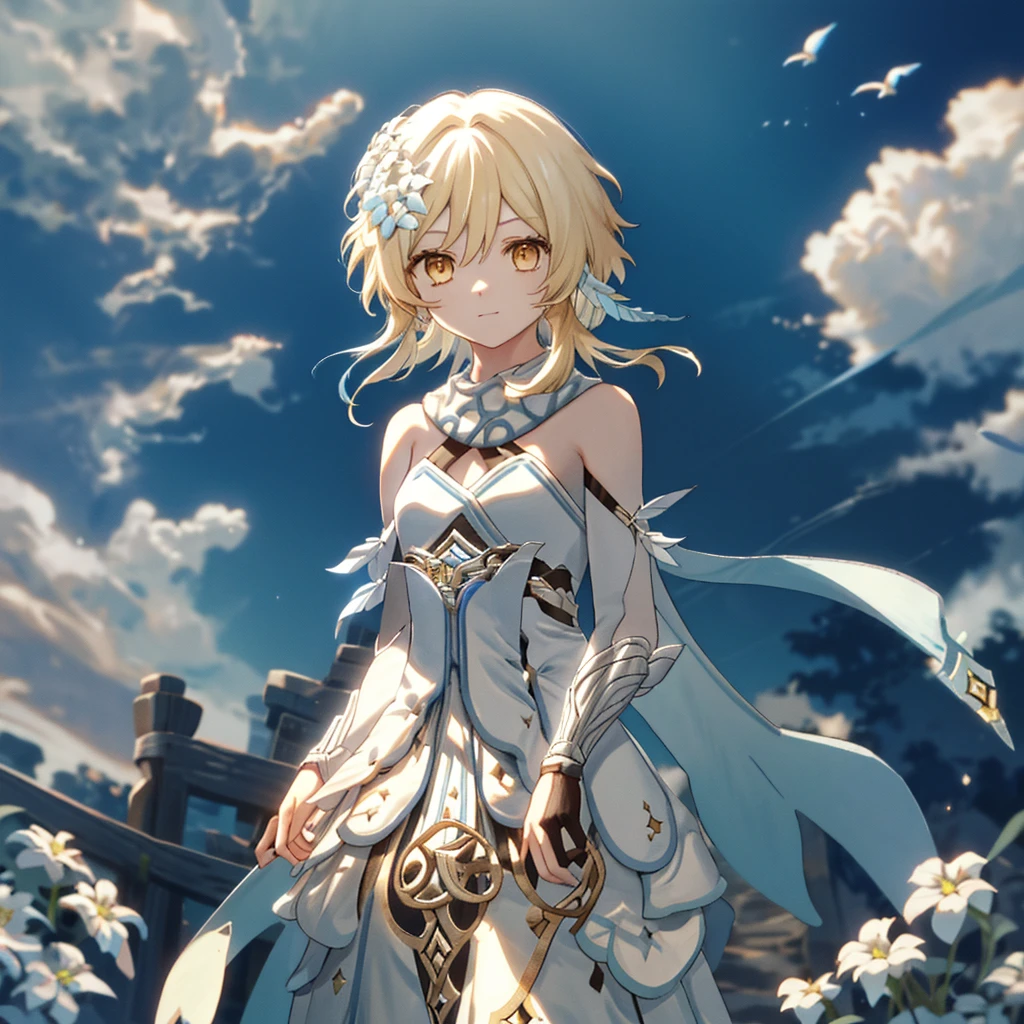 luminedef, The upper part of the body, ssmile, Be red in the face, exteriors, daysieackgound, blue-sky, long whitr hair, Skysky, chies, looking at viewert, stairwayont, moody light,Genre painting