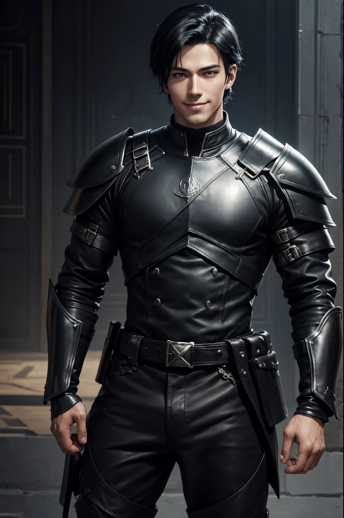 8K,boy in leather clothes, young man boy,Black combat uniform,black combat pants,Black eyes,Black Hair Bob Hair,Black Gauntlet,Black shoulder armor,by Yang J, range murata and artgerm, Handsome Boy in Demon Slayer Art, Stunning character art, ArtgermとCraig Mullins,超A high resolution,super realistic skin,cool smile,Fantasyart,Super handsome boy,kindly smile,inside a big mansion,