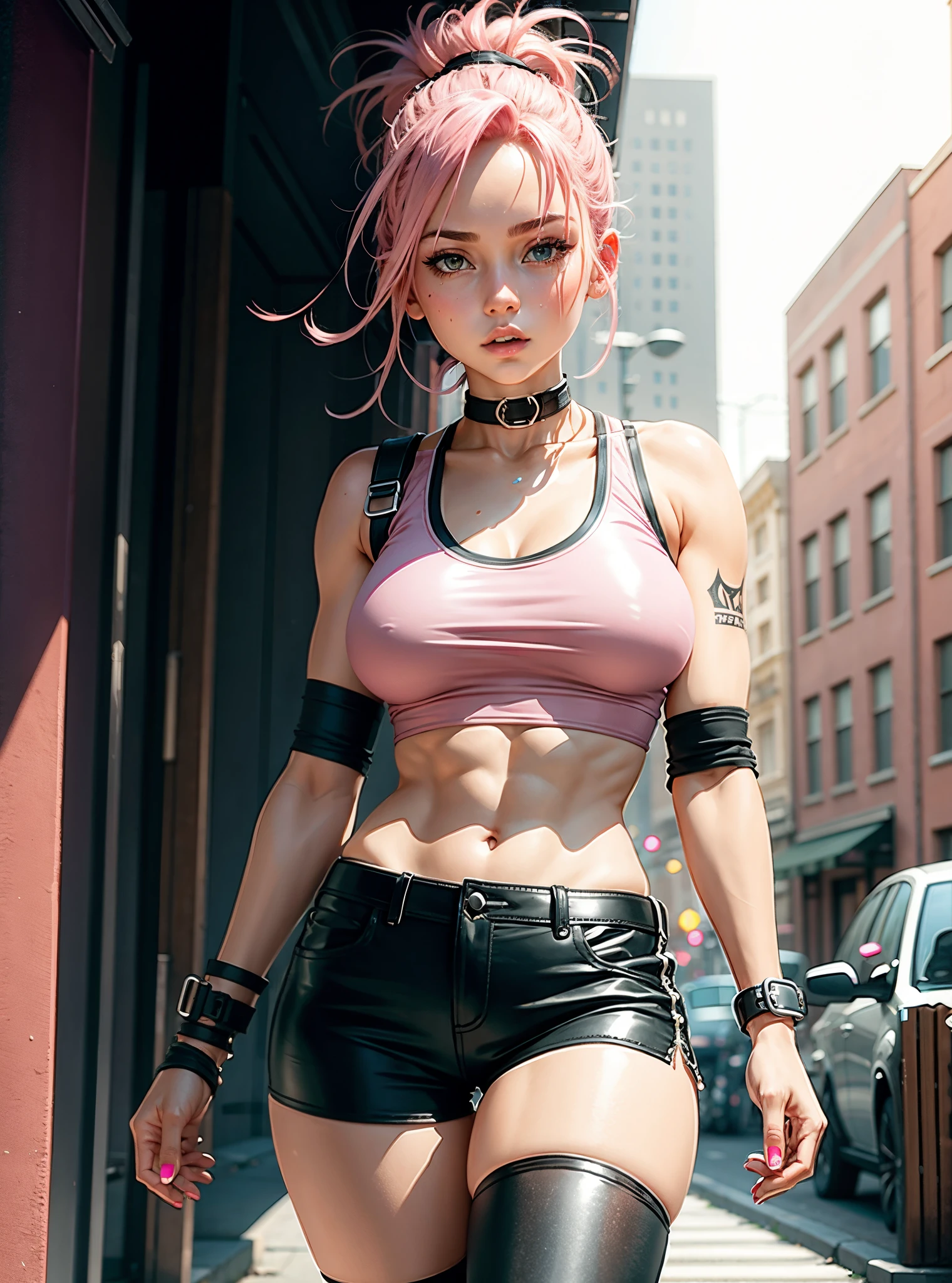 Girl with pink hair, , Beautiful athletic body, leather shorts and tank top, Choker