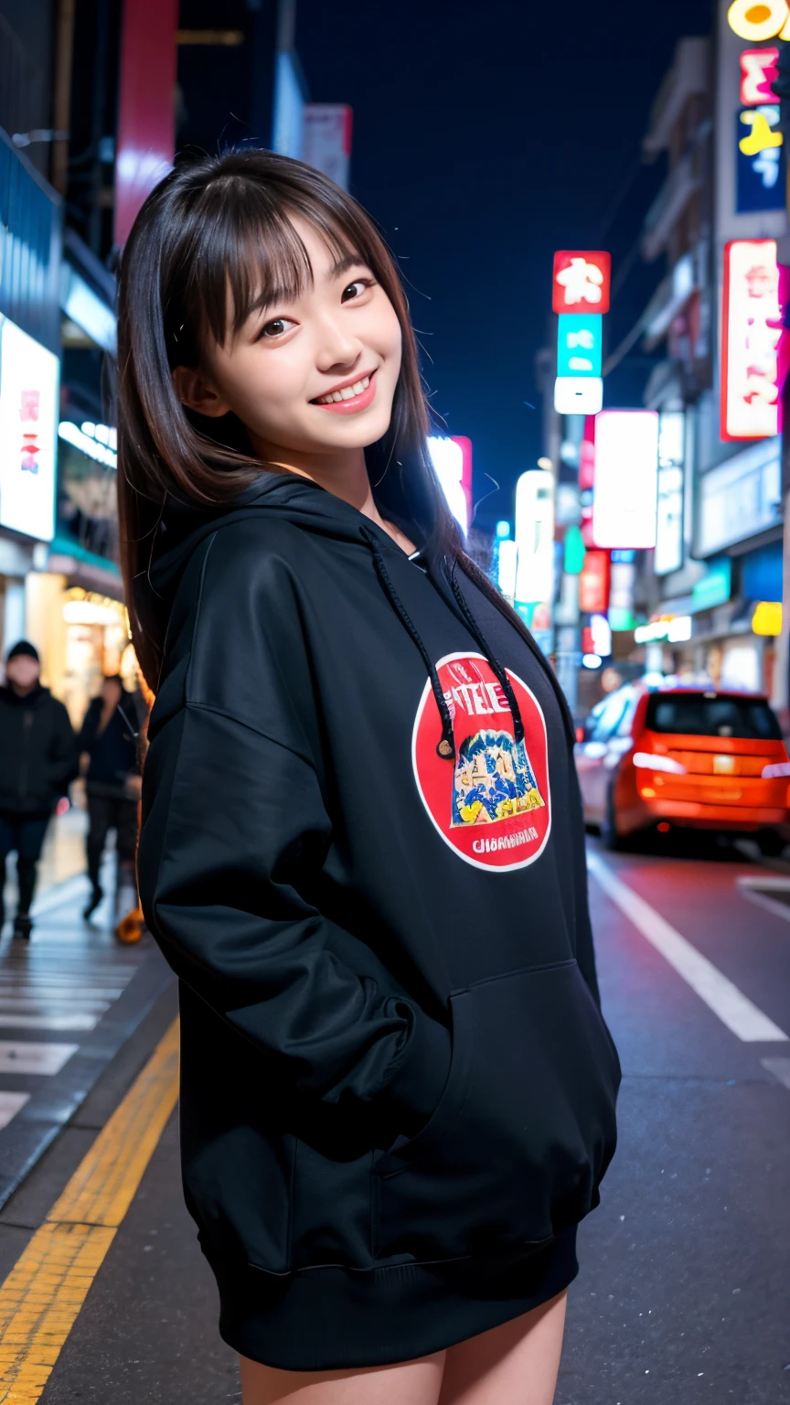 Best-quality, Masterpiece, Ultra-High-Resolution, (Photorealistic:1.4), Raw-Photo, Extremely-Details, Perfect-Anatomy, Ultra-Detailed,
1girl, -yeld, thost famous Japanese idol, laughing out loud, in Tokyo's main street at midnight, completely drunk,
wearing luxurious hoodie with cool design,
extremely cute face llike a most popular Japanese actress, extremely beautiful big black solid circle eyes, extremely beautiful lips, extremely beautiful realistic skins,
detailed luxurious hoodie with cool design, detailed Tokyo's main street at midnight, detailed situation of completely drunk