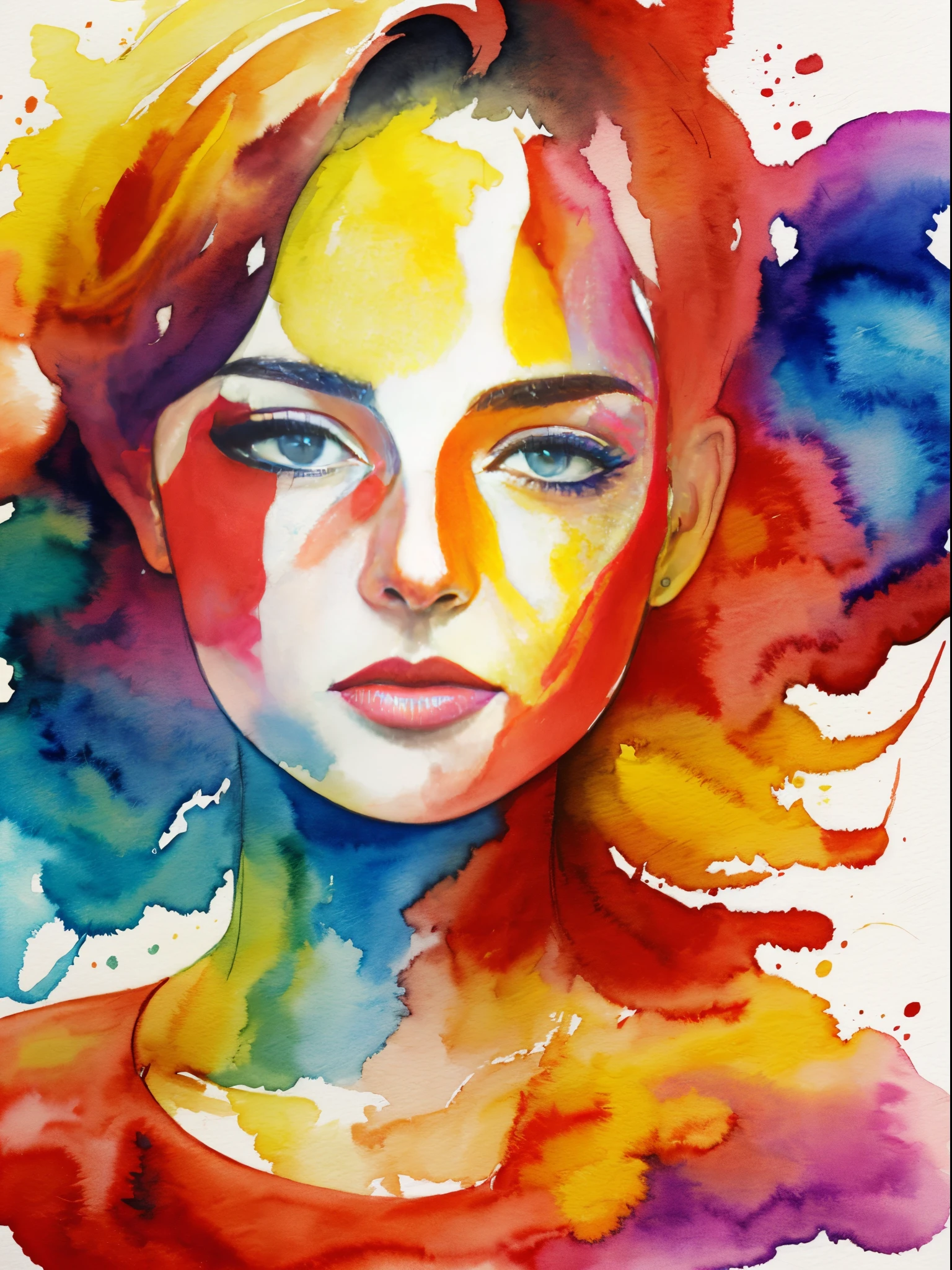 A painting of a woman with a red and yellow face, Sylvia Pelissero watercolors, Tumbler, figurative art, Intense watercolor painting, watercolor detailed art,expressive beautiful painting, a beautiful artwork illustration, very colorful tones, Fantastical, Best Quality,Official art, Female Solo, contour of the wave