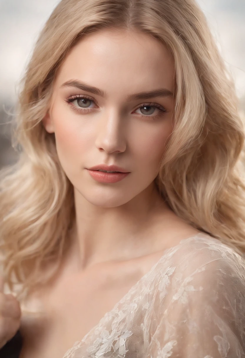 A stunning portrait of a beautiful fair-haired woman. Think of code 002 anime girl elegance, hot and sexy. transparent cut top. Captured in a modern setting. The subject is styled in a timeless fashion, with soft waves in her hair and a subtle, sophisticated makeup look that enhances her natural beauty. The medium is photo hyper-realism, with a focus on highly detailed and high-resolution 16k imagery.