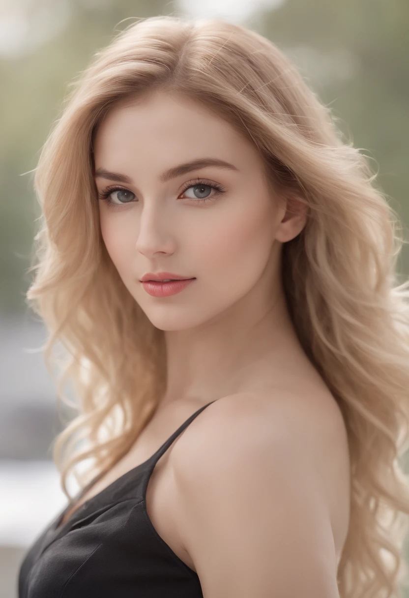 A stunning portrait of a beautiful fair-haired woman. Think of code 002 anime girl elegance, hot and sexy. transparent cut top. Captured in a modern setting. The subject is styled in a timeless fashion, with soft waves in her hair and a subtle, sophisticated makeup look that enhances her natural beauty. The medium is photo hyper-realism, with a focus on highly detailed and high-resolution 16k imagery.