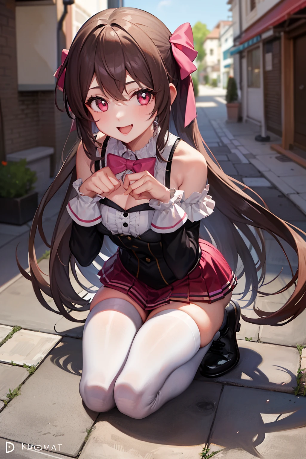 1 girl, Double V, chest, Outdoor, alley, cheerfulness, Kneeling, From above, looking at viewert, After, Long hair, Pink eyes