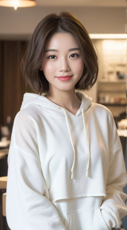 ((Best quality, 8K, tmasterpiece:1.3)), focal point:1.2, Beautiful woman with perfect body:1.4, :1.2, ((Cut hair into layers, The beautiful:1.2)), (wetclothes:1.1) , White hoodies:1.1, Highly Detailed Face and Skin Textur, 詳細な目, 二重まぶた,Whitening Skin,Short hair detaileauty with short hair,Short hair details,looking at the camera in,ssmile,The background is the interior of the cafe