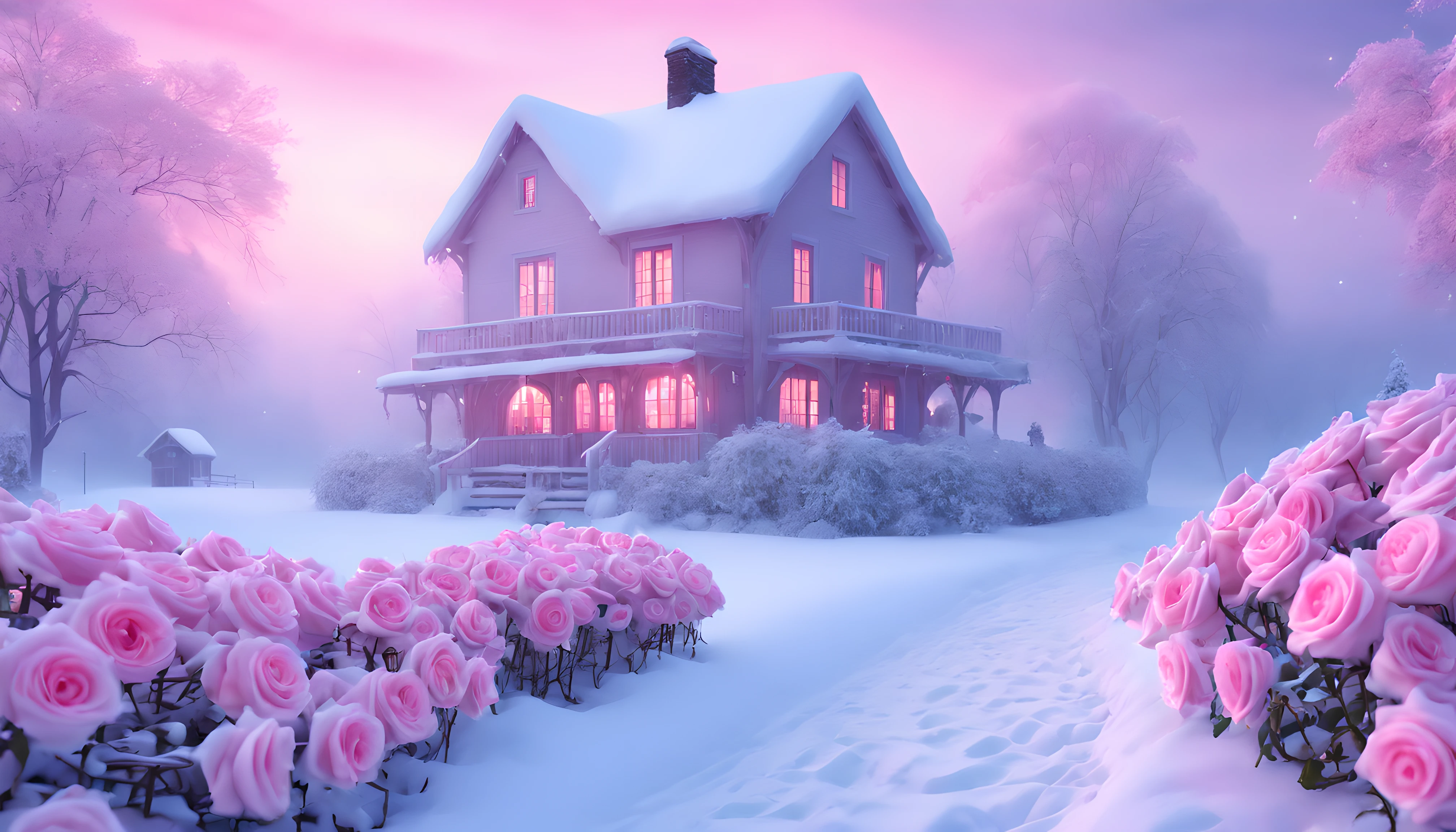 There is a pink rose garden,The background is a house, beautiful winter area, fantasia de cena de inverno, Snowy winter, pink landscape, winter setting, beautiful snowy landscape, Winter wonderland, beautful view, very magical and dreamy, beautiful wallpaper, Nature is really beautiful, winter time, (a true,The landscape,Lots of roses,A rose:1.5)