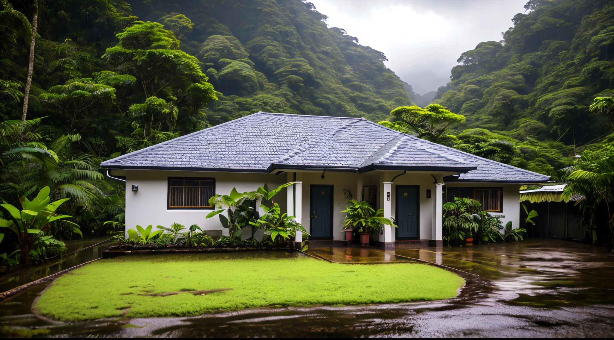 Lush small house, Costa Rica's green rainforest，Heavy rain falls on the roof, Emphasizing the contrast between the natural environment and the rainwater flowing from the roof, dark scene after the rain, wet scene, dark clouds, nature photography, Portrait with macro lens (Nikon AF -S VR Mini Nikkor 105mm f/ 2.8G IF) When aperture is f/5.6