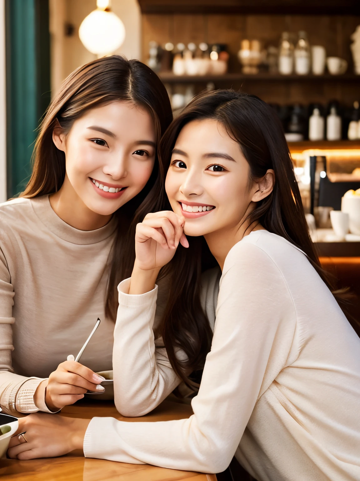 Women with beautiful skin　Being in a café　　Makeup is light　clean　Long-sleeved clothing　　age 30s　Photorealistic skin　I don't know what AI is　Close to human　　Glossy skin　fine texture 　moisturized skin　with round face　Smiling