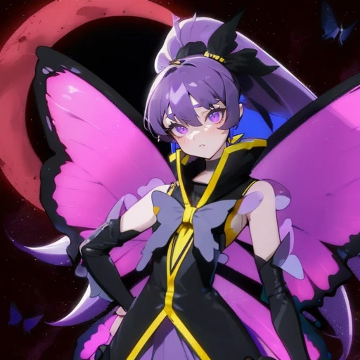 8K,1womanl,A dark-haired,poneyTail,black and purple mini dress,Black long boots,Big black ribbon at the waist,purple butterfly wings,thick fog in the background