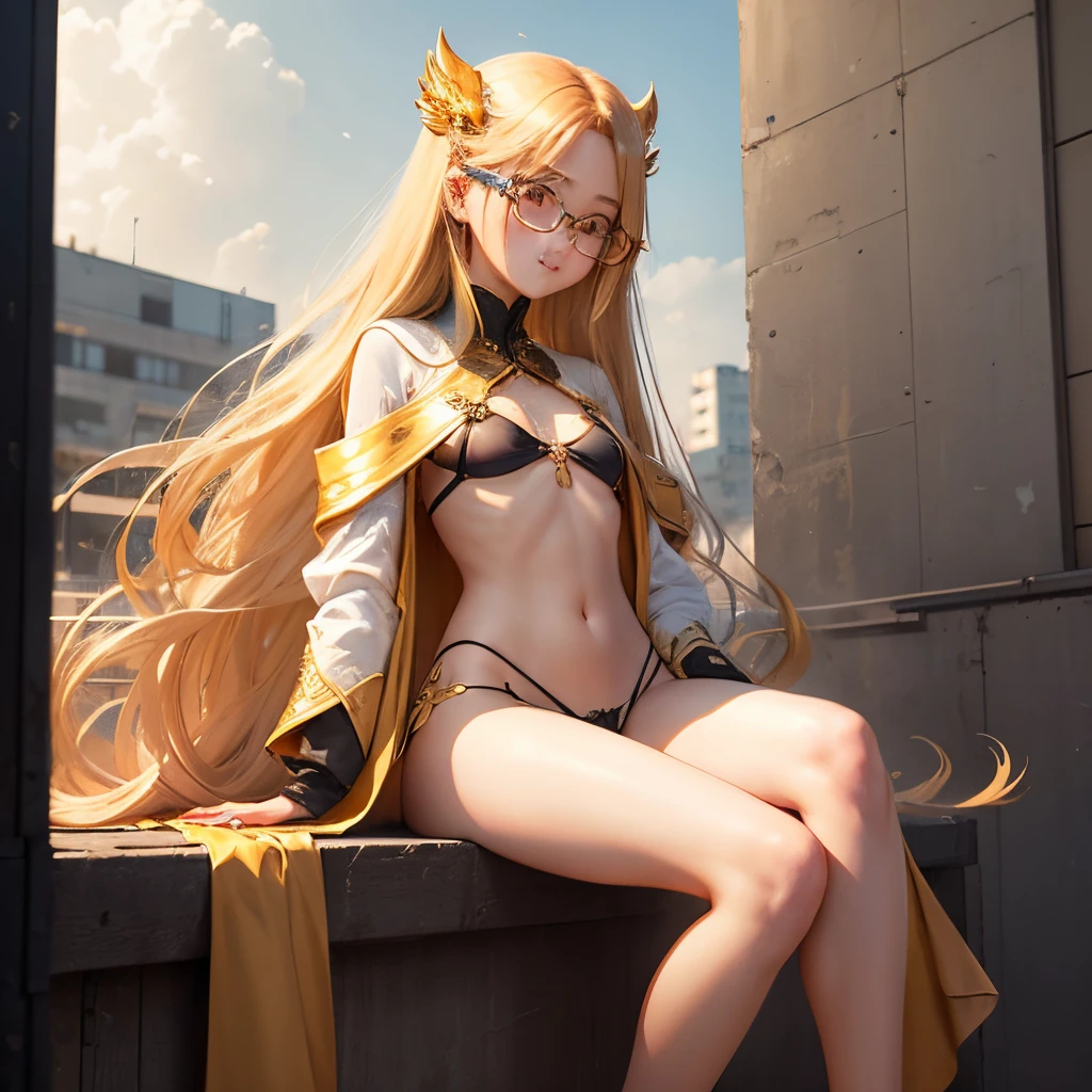 long hair of golden color、hime-cut、Golden Eyes、eye glasses、ssmile、Early s girl、Smaller chest、Thin pubic hair、open transparent robe、Opening legs、On the roof of a building