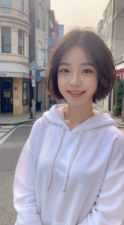 masterpiece, highest quality, 8K, super dense skin, look far away, cute, 1 girl, smile、short hair, nipples are visible