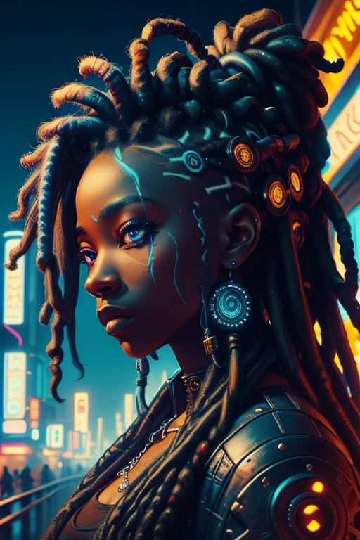 there is a woman with dreadlocks posing for a photo, ((oversaturated)), profile picture, dreads, , profile picture, blue dreadlocks, inspired by Ras Akyem, , closeup headshot, very high quality image, beatifully lit, big eyes, lights in the background;   beach, cyberpunk