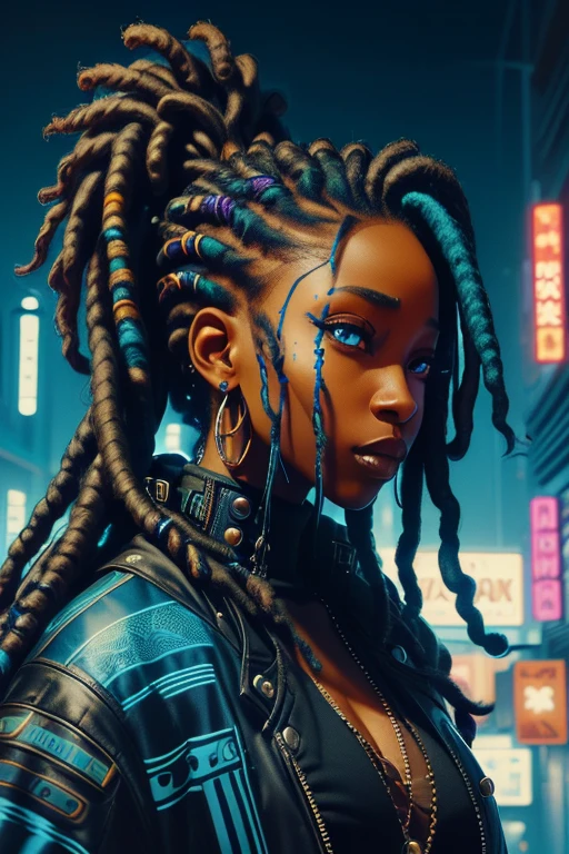 there is a woman with dreadlocks posing for a photo, ((oversaturated)), profile picture, dreads, , profile picture, blue dreadlocks, inspired by Ras Akyem, , closeup headshot, very high quality image, beatifully lit, big eyes, lights in the background;   beach, cyberpunk