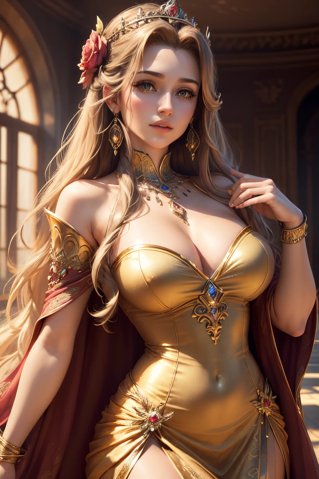 (highres, ultra-detailed, realistic:1.37), aerith, final fantasy, beautiful body, beautiful detailed eyes, detail-oriented nose, luscious lips, long flowing hair, radiant smile, elegant crown, royal attire, intricate jewelry, graceful pose, enchanting expression, majestic castle in the background, vibrant colors, soft lighting, regal atmosphere, atmospheric perspective, stunning landscape, floating clouds, magical aura, timeless beauty, intricate patterns, ethereal ambiance, striking contrast, dreamlike quality, cinematic composition, gold dress