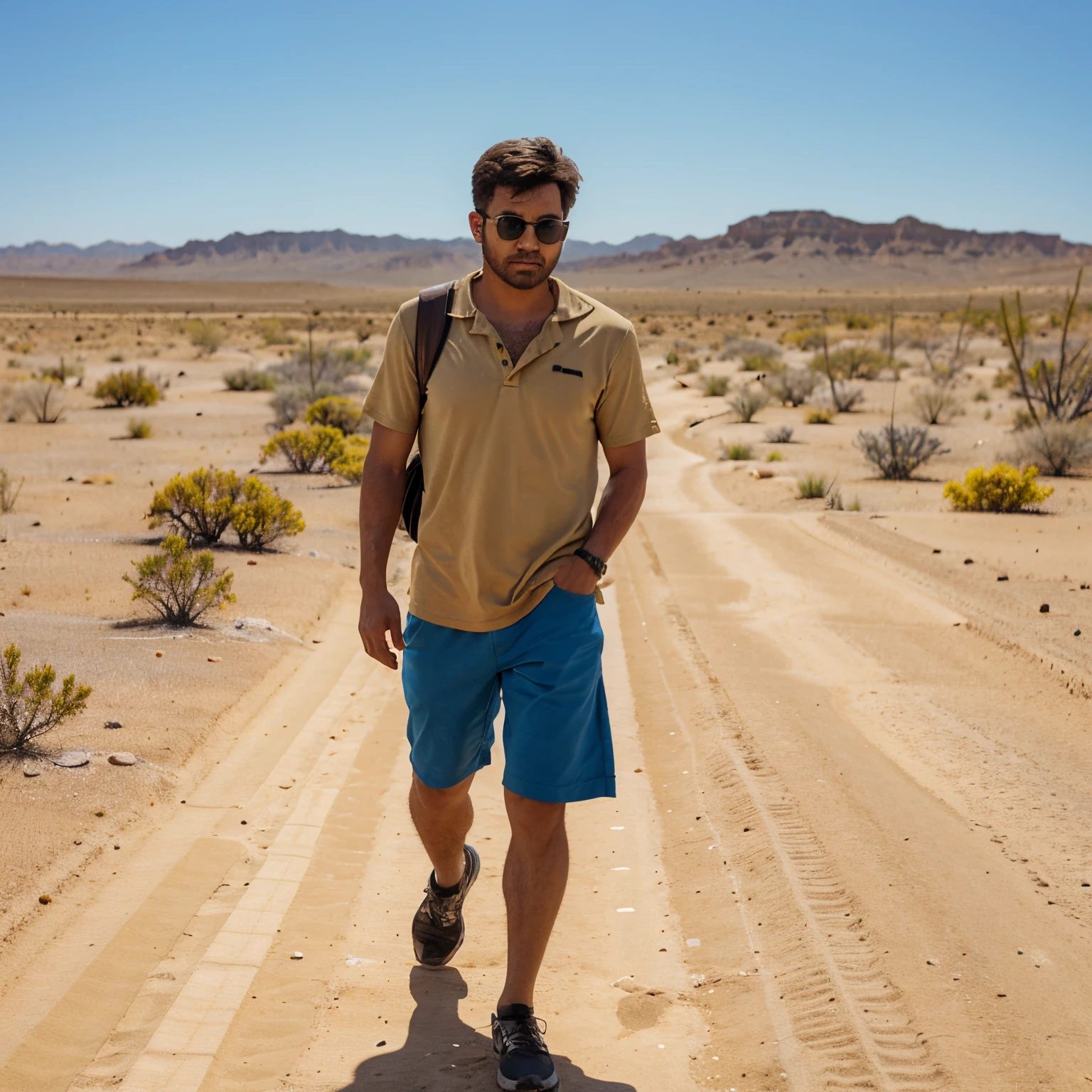 A man of short feds, his little dog, walking through the yellow and dry desert and the sunny blue sky