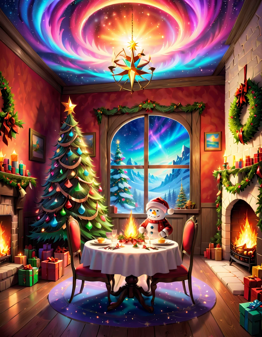 (Best quality, 8K, A high resolution, tmasterpiece:1.2), ultra - detailed, (actual, realistically:1.37), Vibrant colors, Magical atmosphere, Whimsical, ((sky full of stars,The North Star shines)),(((Use an illustration style), The room is decorated with a strong Christmas atmosphere. A string of shining colored lights hangs on the wall, Christmas wreath and little snowman on the windowsill, In the corner of the room stands a beautifully decorated Christmas tree. On a table, There are beautiful cutlery and red plates. In the center of the table, Have a sumptuous Christmas feast, Next to it is a bottle of red wine and two exquisite wine glasses. (((A male and female couple wearing Christmas costumes cuddling together))), Smiling and looking at each other,Eyes full of happiness and warmth. There are several scented candles lit in the room, It exudes a faint fragrance. Warm fire burning in the fireplace, Brings warmth and comfort to the entire room, Surreal, Psychedelic, Complicated details, Beautiful texture, Ethereal, like a dream, Soft glowing light, Charming Patterns, Fantasy creatures, Hidden surprises, dreamlike landscapes, Surreal color palette, Mystic aura, hyper realisitc, Enchanting journey, psychedelic trip, vivid imagination, immersive experience, Mysterious Christmas, otherworldly charm, glowing paths, Light up a magical Christmas, surreal sky, Whimsical themed festivals, a magical encounter, Fascinating artwork,(Ghibli-style colors, first person perspective, hyper HD, tmasterpiece, acurate, Anatomically correct, ctextured skin, super detailing, high detal, high qulity, Award-Awarded, Best quality at best, 8K)