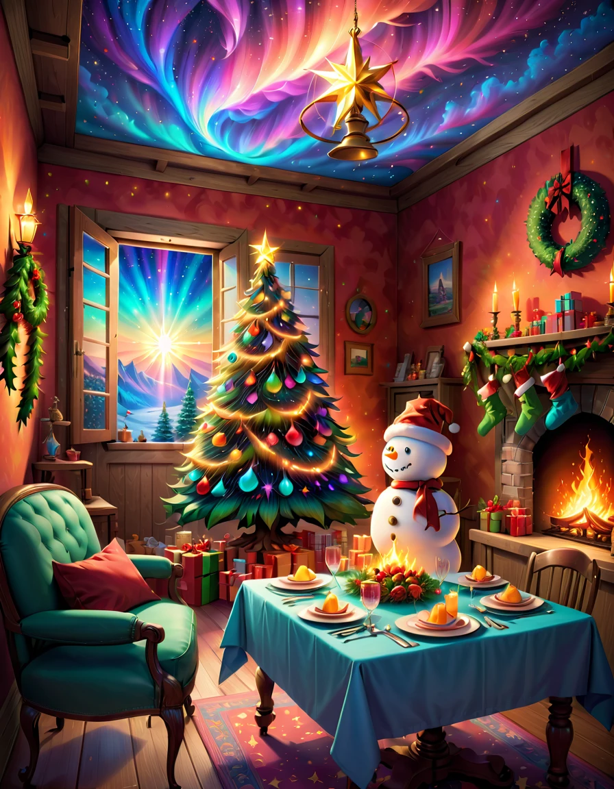 (Best quality, 8K, A high resolution, tmasterpiece:1.2), ultra - detailed, (actual, realistically:1.37), Vibrant colors, Magical atmosphere, Whimsical, ((sky full of stars,The North Star shines)),(((Use an illustration style), The room is decorated with a strong Christmas atmosphere. A string of shining colored lights hangs on the wall, Christmas wreath and little snowman on the windowsill, In the corner of the room stands a beautifully decorated Christmas tree. On a table, There are beautiful cutlery and red plates. In the center of the table, Have a sumptuous Christmas feast, Next to it is a bottle of red wine and two exquisite wine glasses. (((A male and female couple wearing Christmas costumes cuddling together))), Smiling and looking at each other,Eyes full of happiness and warmth. There are several scented candles lit in the room, It exudes a faint fragrance. Warm fire burning in the fireplace, Brings warmth and comfort to the entire room, Surreal, Psychedelic, Complicated details, Beautiful texture, Ethereal, like a dream, Soft glowing light, Charming Patterns, Fantasy creatures, Hidden surprises, dreamlike landscapes, Surreal color palette, Mystic aura, hyper realisitc, Enchanting journey, psychedelic trip, vivid imagination, immersive experience, Mysterious Christmas, otherworldly charm, glowing paths, Light up a magical Christmas, surreal sky, Whimsical themed festivals, a magical encounter, Fascinating artwork,(Ghibli-style colors, first person perspective, hyper HD, tmasterpiece, acurate, Anatomically correct, ctextured skin, super detailing, high detal, high qulity, Award-Awarded, Best quality at best, 8K)