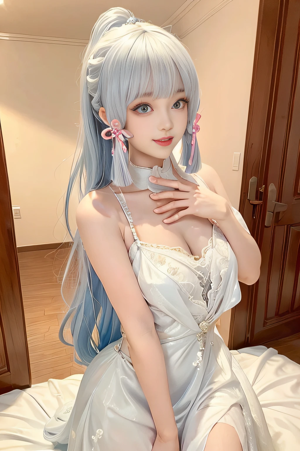 (tmasterpiece), (Best quality at best), 8K分辨率, 1 Sister, asiagirl, hori&#39;It&#39;s breathtakingly beautiful, It's a perfect face, perfect body figure, Huge big breasts, 20 years, Clothing that exposes, White silk dress, ，Prom，Long white hair，high ponytails，Colored eyes，laughing very happily，Thin fingers，good looking hand，Inside