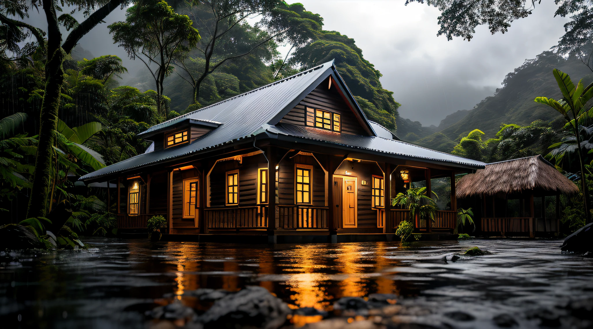 Small lush wooden house, beautiful house, night, lights on, Costa Rica green rainforest, Heavy rain falling on the roof, Emphasizing the contrast between the natural environment and rainwater flowing from the roof, dark scene after the rain, wet scene, dark clouds , nature photography, Portrait with macro lens (Nikon AF -S VR Mini Nikkor 105mm f/ 2.8G IF) When aperture f/5.6