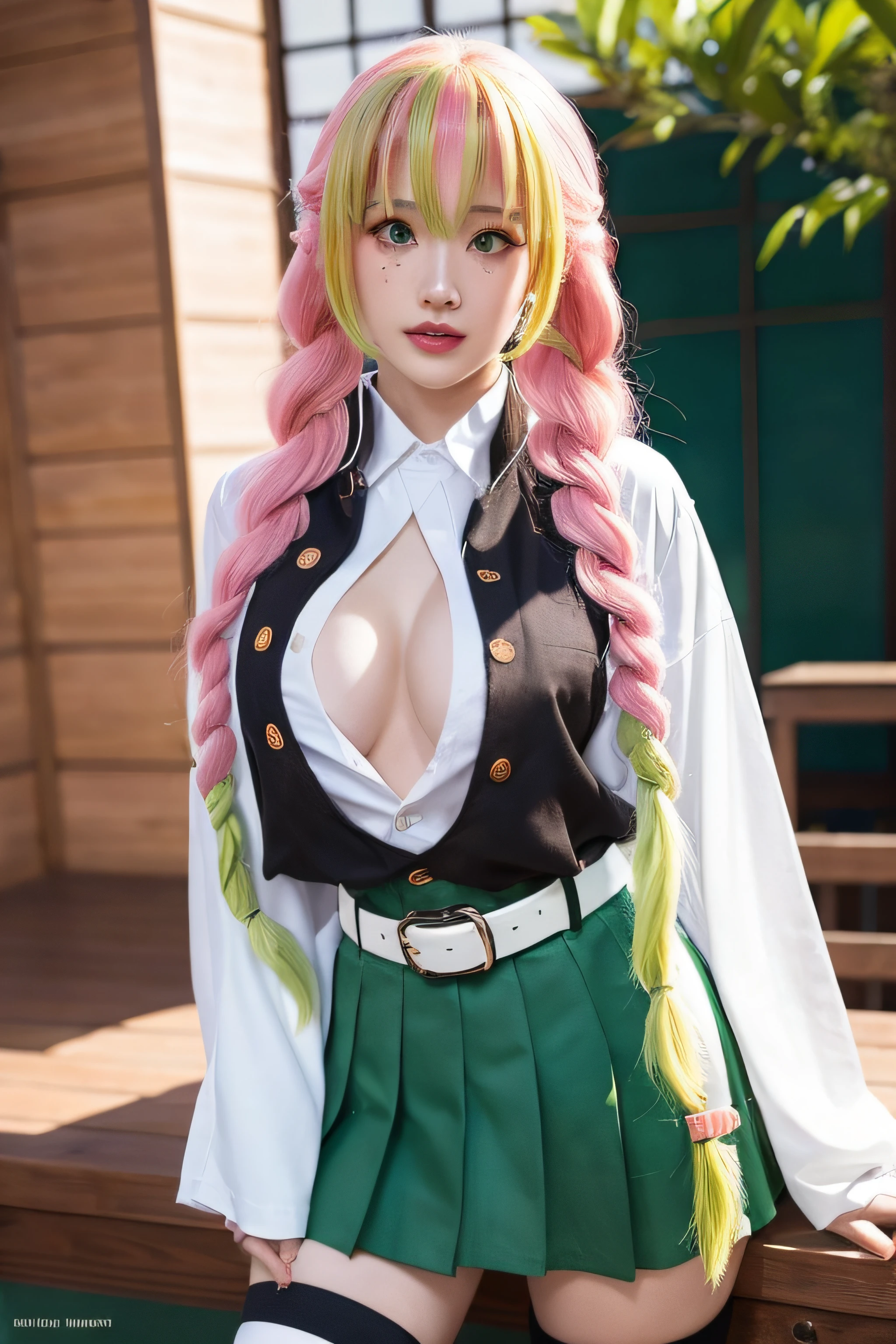 Kanroji Mitsuri,Mole under the eyes,Pink hair,Mole,Long hair,multicolored hair,braid,Gradient Hair,demon slayer uniform,Green hair,Green eyes,Bangs,Long sleeves,Shirt,Twin braids,Two-tone hair,Komono,White shirt,haori,Jacket,Black jacket,Belt bag,Collared shirt,White belt,Skirt,Unbuttoned shirt,Black skirt,Open Shirt,katanas,green thighhighs,Pleated skirt,Miniskirt,1girl in,Sexy Pose,Best Quality,masutepiece,Illustration,extremely delicate and beautiful,nffsw,Unity,8K Wallpaper,amazing,finely detail,masutepiece,Official art,Highly detailed ticker Unity 8k wallpaper,unbelievable Ridiculous,huge filesize,Ultra-detailed,hight resolution,Extremely detailed,Beautiful detailed girl,Realistic,full frontal,Outdoors,Light contrast,