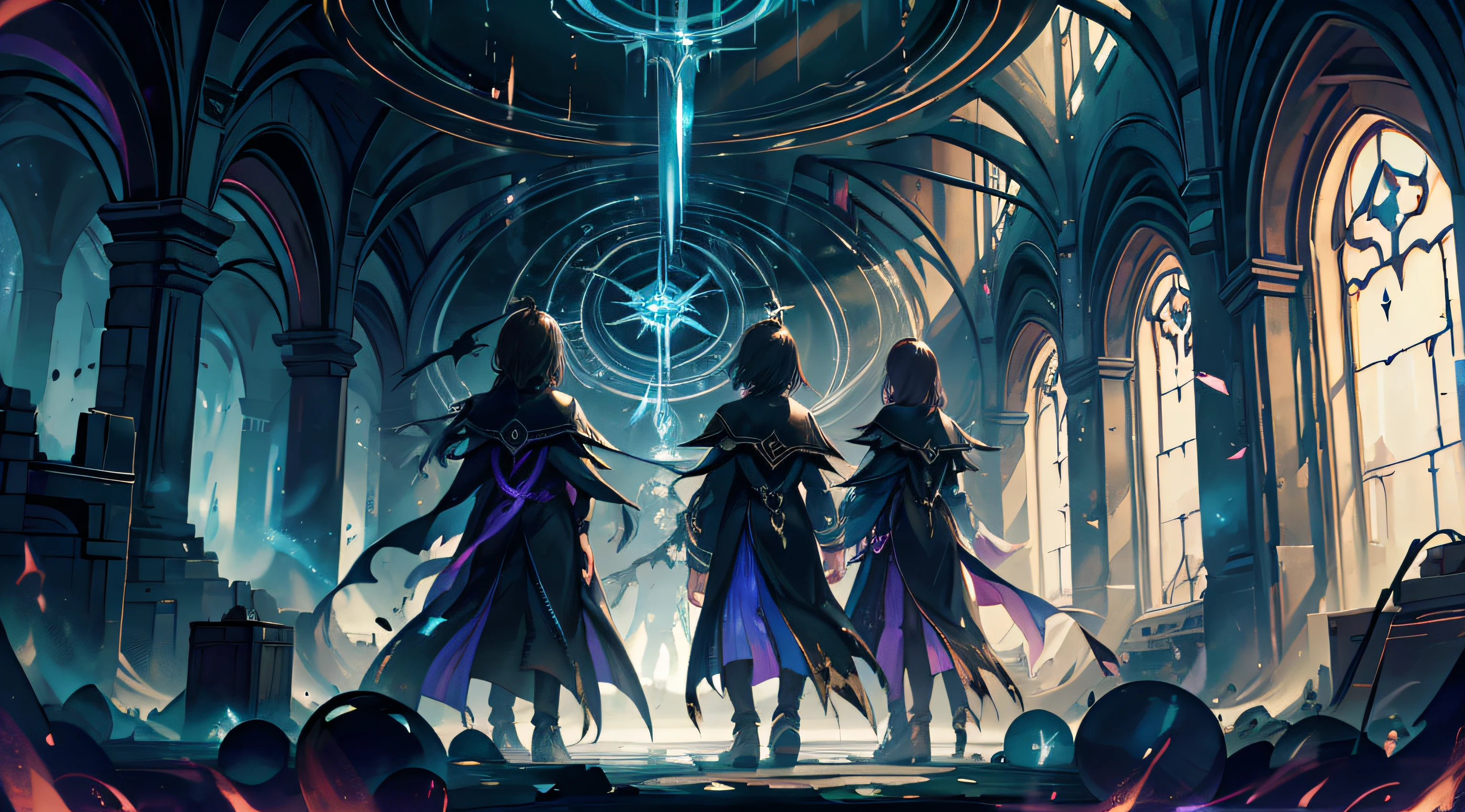 magia detallada, magia oscura, Magia negra, 3 boys and 1 girl appear on the scene, They are looking at the destroyed environment., They are inside a magic academy at night, hay magia negra en el ambiente, dressed in magic clothes. academia, academia, magia corrupta, ultra - por supuesto, 8k, Obra maestra, mirando magia corrupta, Por la noche, destellos de magia negra, Misterioso, que no mira al espectador, that can only be seen from behind, sin luces, there are no more people on the scene, Intense and mysterious atmosphere, academia infestada de magia, ambiente oscuro, no lighting, academia en ruinas, Mass destruction.
