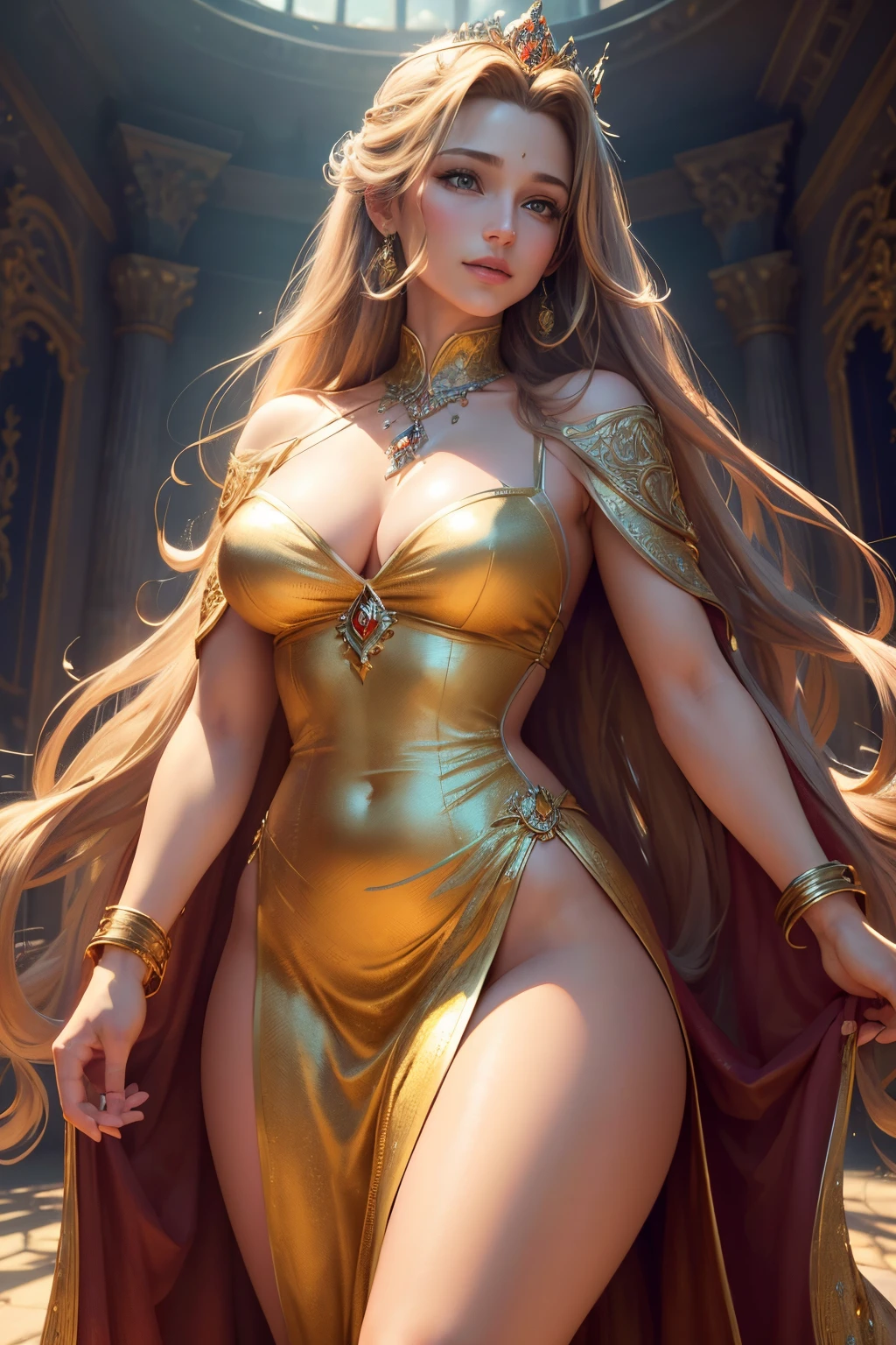 (highres, ultra-detailed, realistic:1.37), aerith, final fantasy, beautiful body, beautiful detailed eyes, detail-oriented nose, luscious lips, long flowing hair, radiant smile, elegant crown, royal attire, intricate jewelry, graceful pose, enchanting expression, majestic castle in the background, vibrant colors, soft lighting, regal atmosphere, atmospheric perspective, stunning landscape, floating clouds, magical aura, timeless beauty, intricate patterns, ethereal ambiance, striking contrast, dreamlike quality, cinematic composition, gold dress
