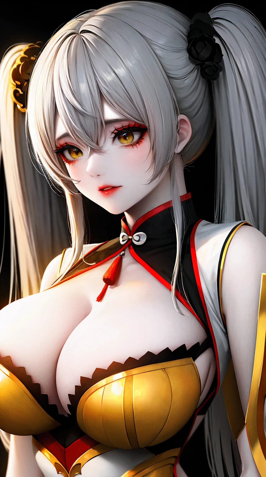 (best quality,masterpiece:1.4,Absurdres),portrait,((close up)),1girl,grey hair, yellow eyes, makeup,red lips,parted lips,long hair, bangs between eyes, Sidelocks,twintails,((Large breasts,Cleavage)),beautiful girl, detailed eyes and face, Cinematic lighting, soft lighting, shiny skin,(from front:1.3),kyrie-style,(aesthetic and beautiful:1.4),(white and blue ornamental Chinese dress),dynamic pose,arm under breasts,girl standing in ornamental brothel,night time