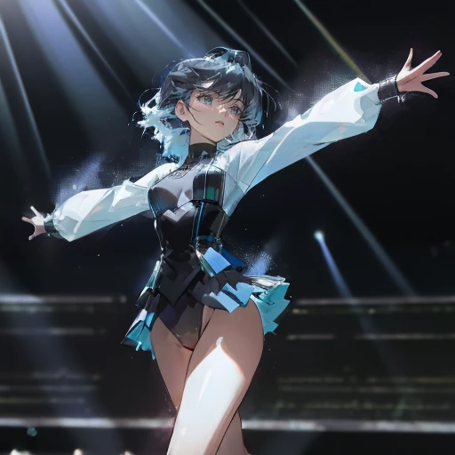 (Top resolution),1womanl,Anime,Black Leotard,Black mini skirt,Dancing on stage,icy