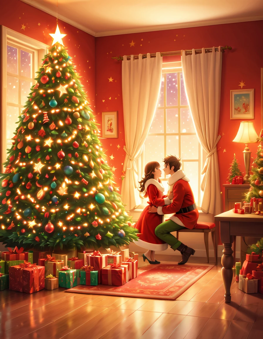 (Best quality, 8K, A high resolution, tmasterpiece:1.2), ultra - detailed, (actual, realistically:1.37), Vibrant colors, Magical atmosphere, Whimsical, ((room full of stars,The stars shine)),((Vector illustration style)), The room is decorated with a strong Christmas atmosphere. A string of shining colored lights hangs on the wall, Christmas wreath and little snowman on the windowsill, In the corner of the room stands a beautifully decorated Christmas tree. On a table, There are beautiful cutlery and red plates. In the center of the table, Have a sumptuous Christmas feast, Next to it is a bottle of red wine and two exquisite wine glasses. (((A male and female couple wearing Christmas costumes cuddling together))), Smiling and looking at each other,Eyes full of happiness and warmth. There are several scented candles lit in the room, It exudes a faint fragrance. Warm fire burning in the fireplace, Brings warmth and comfort to the entire room, Surreal, Psychedelic, Complicated details, Beautiful texture, Ethereal, like a dream, Soft glowing light, Charming Patterns, Fantasy creatures, Hidden surprises, dreamlike landscapes, Surreal color palette, Mystic aura, hyper realisitc, Enchanting journey, psychedelic trip, vivid imagination, immersive experience, Mysterious Christmas, otherworldly charm, glowing paths, Light up a magical Christmas, surreal sky, Whimsical themed festivals, a magical encounter, Fascinating artwork,(Ghibli-style colors, first person perspective, hyper HD, tmasterpiece, acurate, Anatomically correct, ctextured skin, super detailing, high detal, high qulity, Award-Awarded, Best quality at best, 8K)
