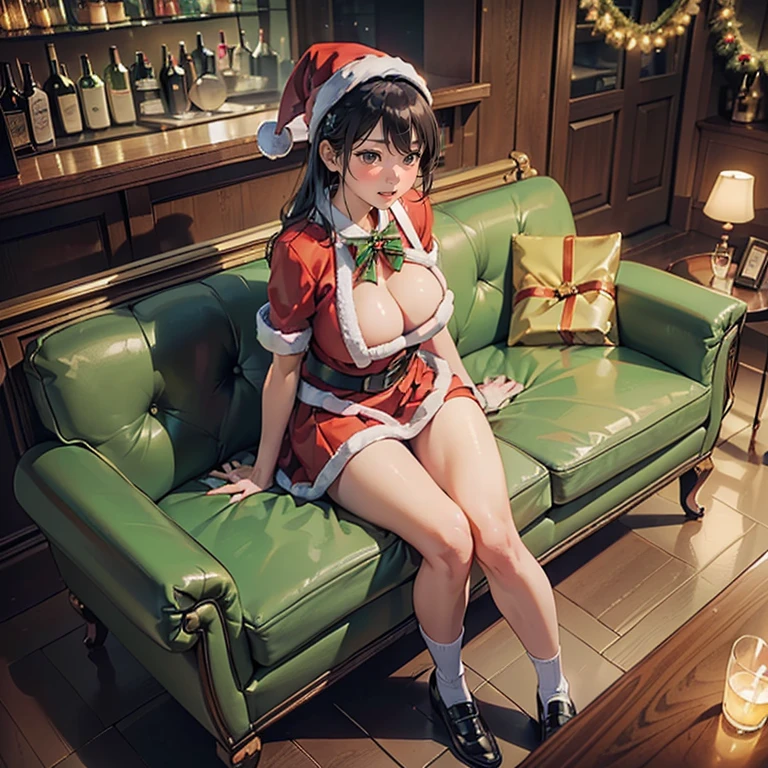 (top-quality,High resolution,(Ultra high definition,4K), (超A high resolution,in 8K),masutepiece:1.2), (Perfect Anatomy,Anatomically accurate), (Angle from above), (Soft lighting, 光线追踪), (((Christmas Party Venues)), (((Sitting on a sofa in a luxury bar lounge, legs wide open))), (Crowd of cute schoolgirls:1.4), extremely detailed and beautiful face, (santa claus), Cute panties, ((Cosplay costumes)), (Crisp double eyelids), (fascinated expression),(Large breasts:1.3),(Soft skin), (Photorealistic), (Glowing skin), (colourful hair)