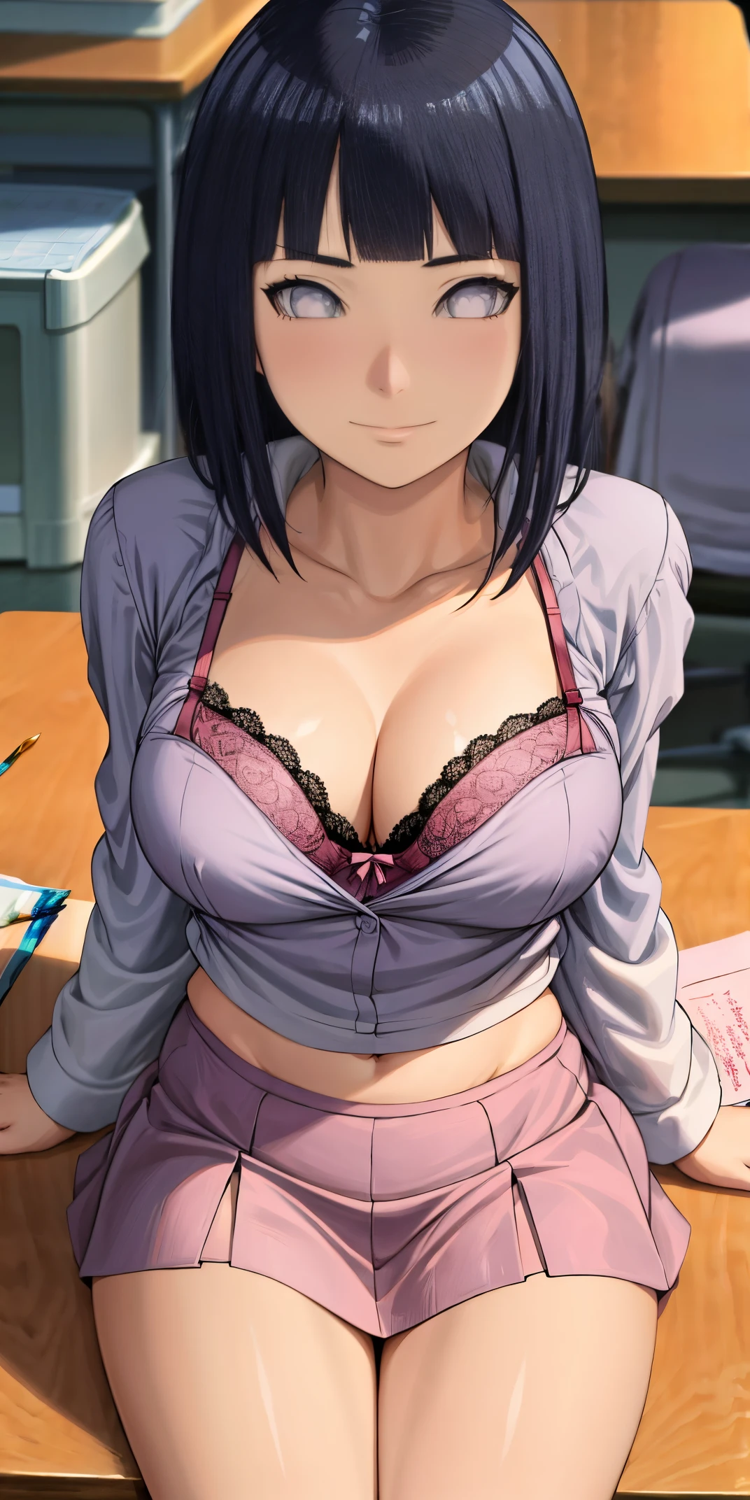 Anime style, Painting, absurderes、perfect anatomia、woman , bra very、Bra visible from clothes、Braline、out, Classroom、cleavag breast、鎖骨、desk、bove、medium breasts, on desk, plert, School Desk, student clothes, see -through, The shirt, sitting on, Sitting on a desk, skirt by the, 独奏, thighs thighs thighs thighs, red blush, ssmile